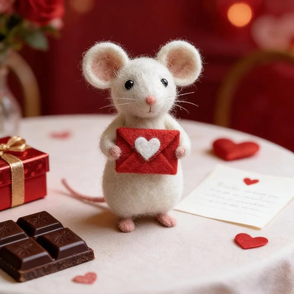 Topolino infeltrito ad ago, regalo di San Valentino, affascinante statuetta di topi in feltro fatti a mano, ornamento per topi in feltro a più livelli, decorazione da tavolo, per decorazioni