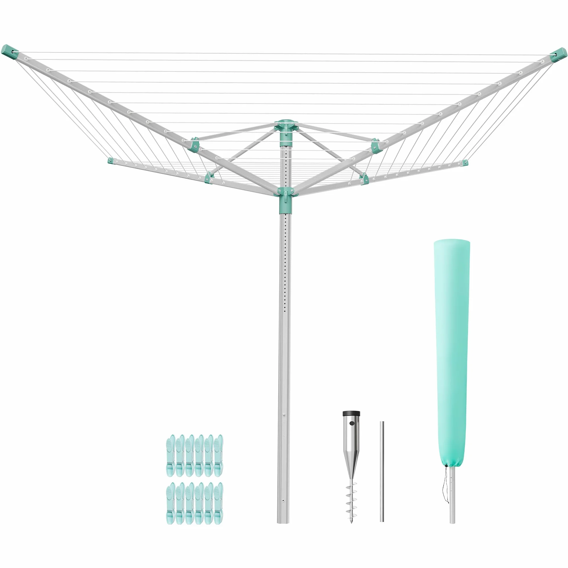 SONGMICS Stendibiancheria a Ombrello, Stendino da Esterno, Altezza Regolabile, Lega di Alluminio, Ancoraggio al Suolo, con Copertura, Clip, Argento e Verde, 60 m di Filo, per 6 Lavaggi LLR302E01V1