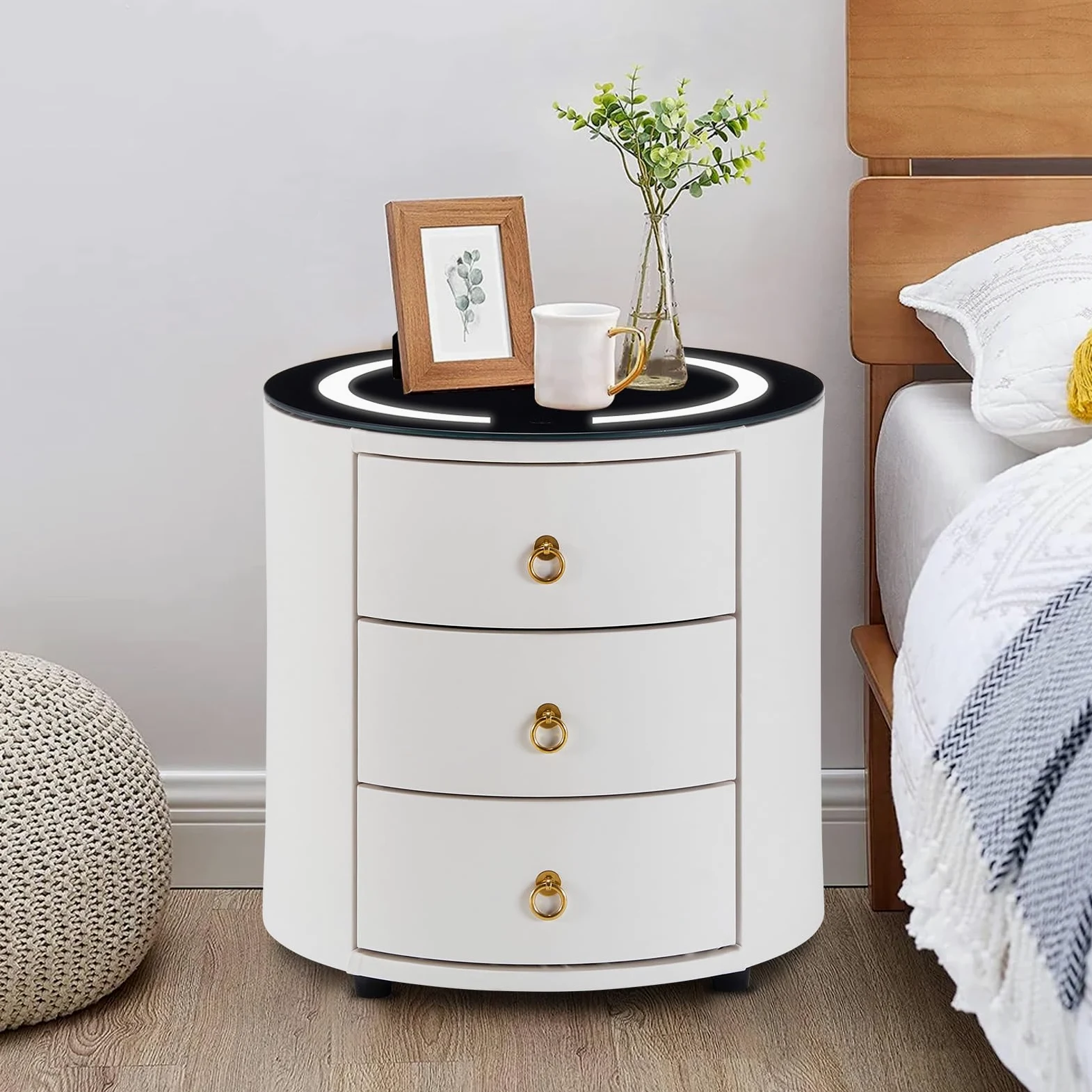 LEMROE Comodino rotondo con luce LED regolabile e stazione di ricarica wireless in vetro, Comodino intelligente con 3 cassetti, Tavolino da camera da letto (1, Bianco)