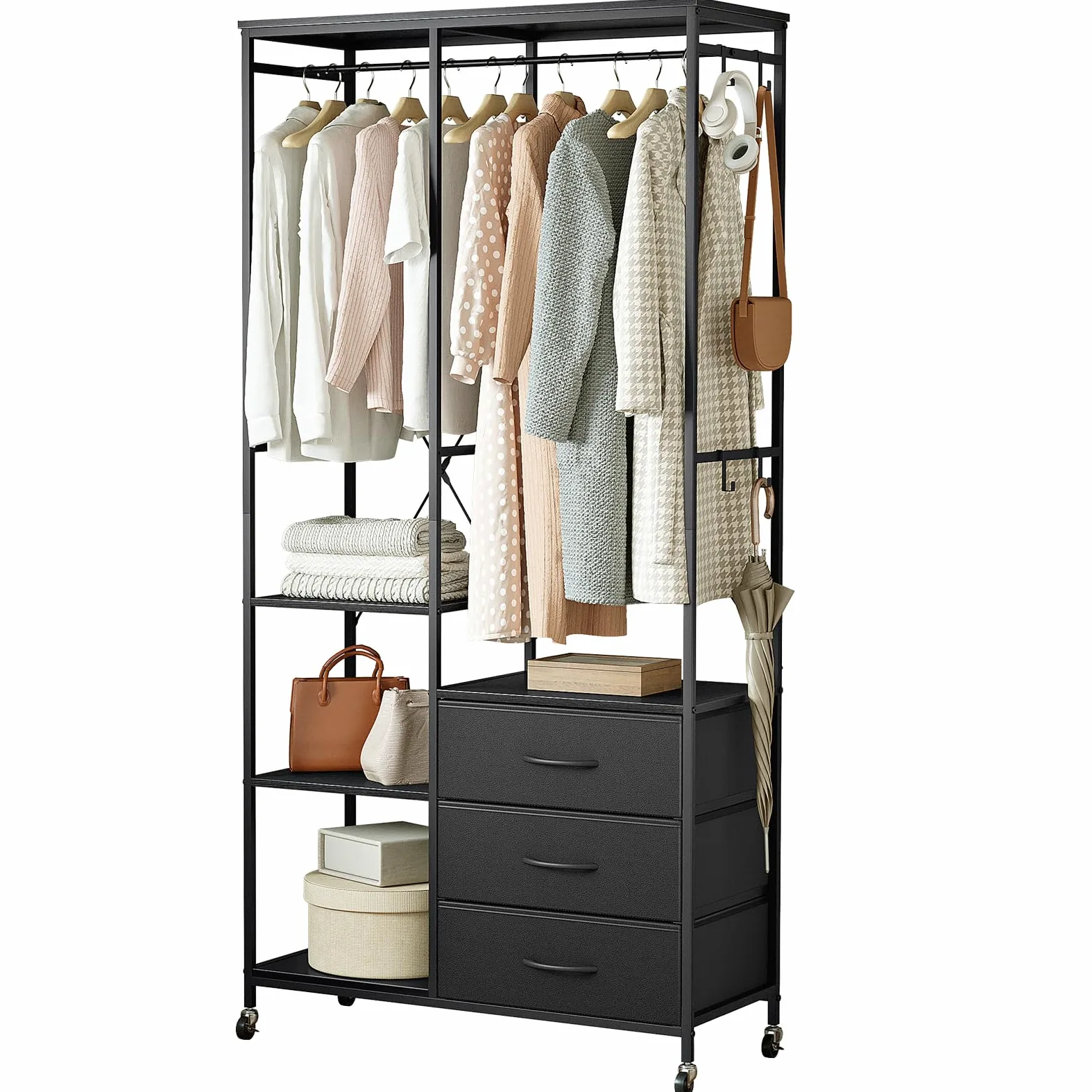 Appendiabiti con Cassetti, Stand Appendiabiti, Armadio Aperto, Guardaroba, Attaccapanni Moderno, Ripiani Regolabili, 4 Ganci, Nero