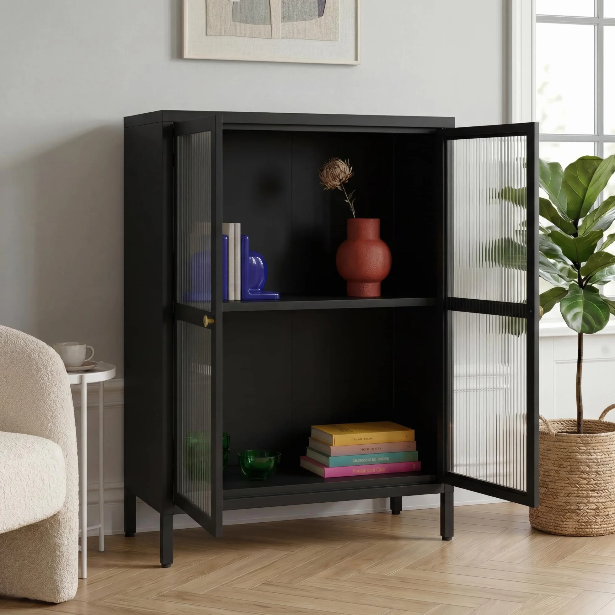[en.casa] Comò con Ante in Vetro Scanalato Credenza in Acciaio per Soggiorno Mobile Vetrinetta con Scomparto Diviso 84x64x35 cm Nero
