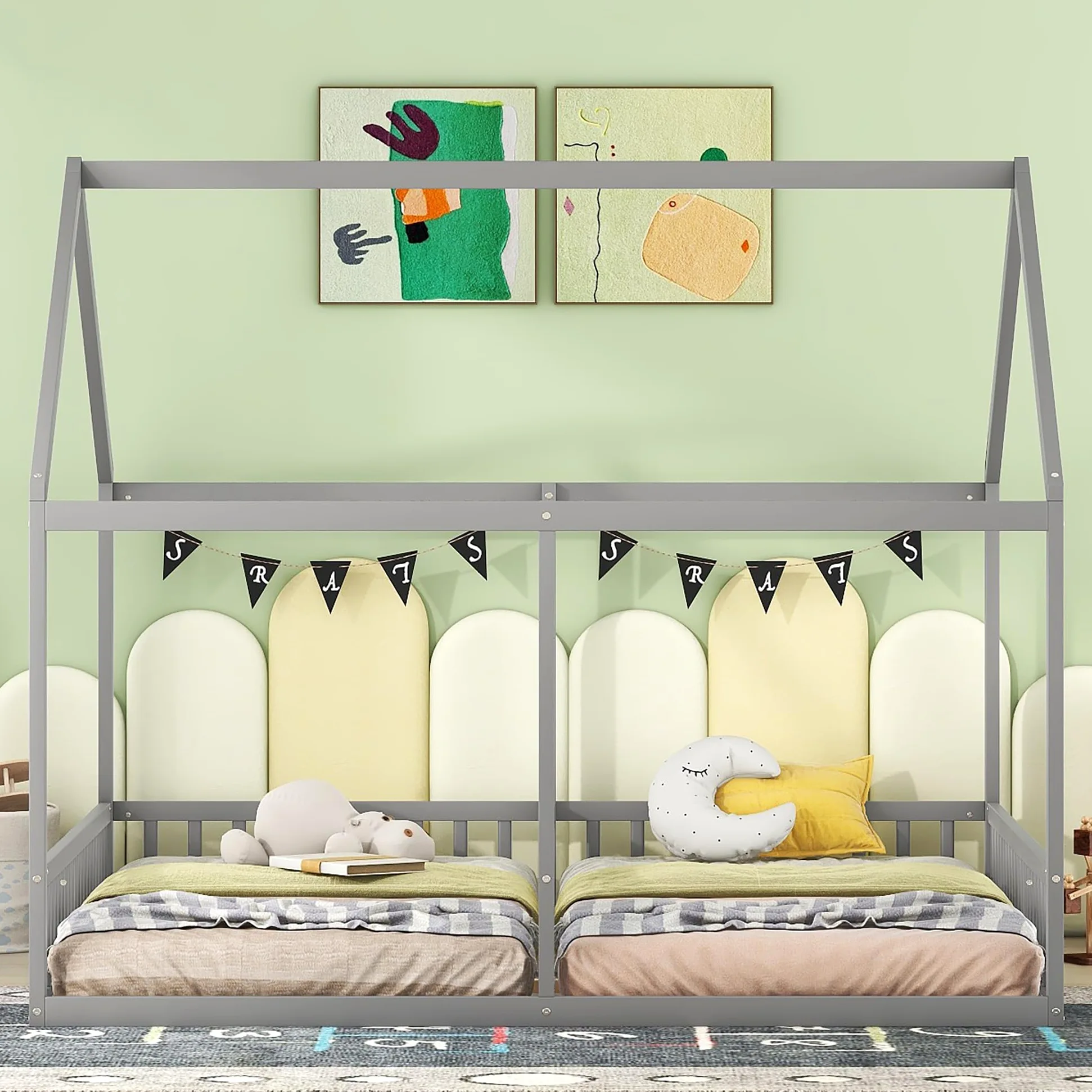 Dolamaní - Letto a soppalco, 180x200 cm, 2 letti per bambini con protezione anti-caduta, letti singoli 90x200 cm 2-in-1, letto per bambini in legno per fratelli e sorelle, letto per bambini a terra