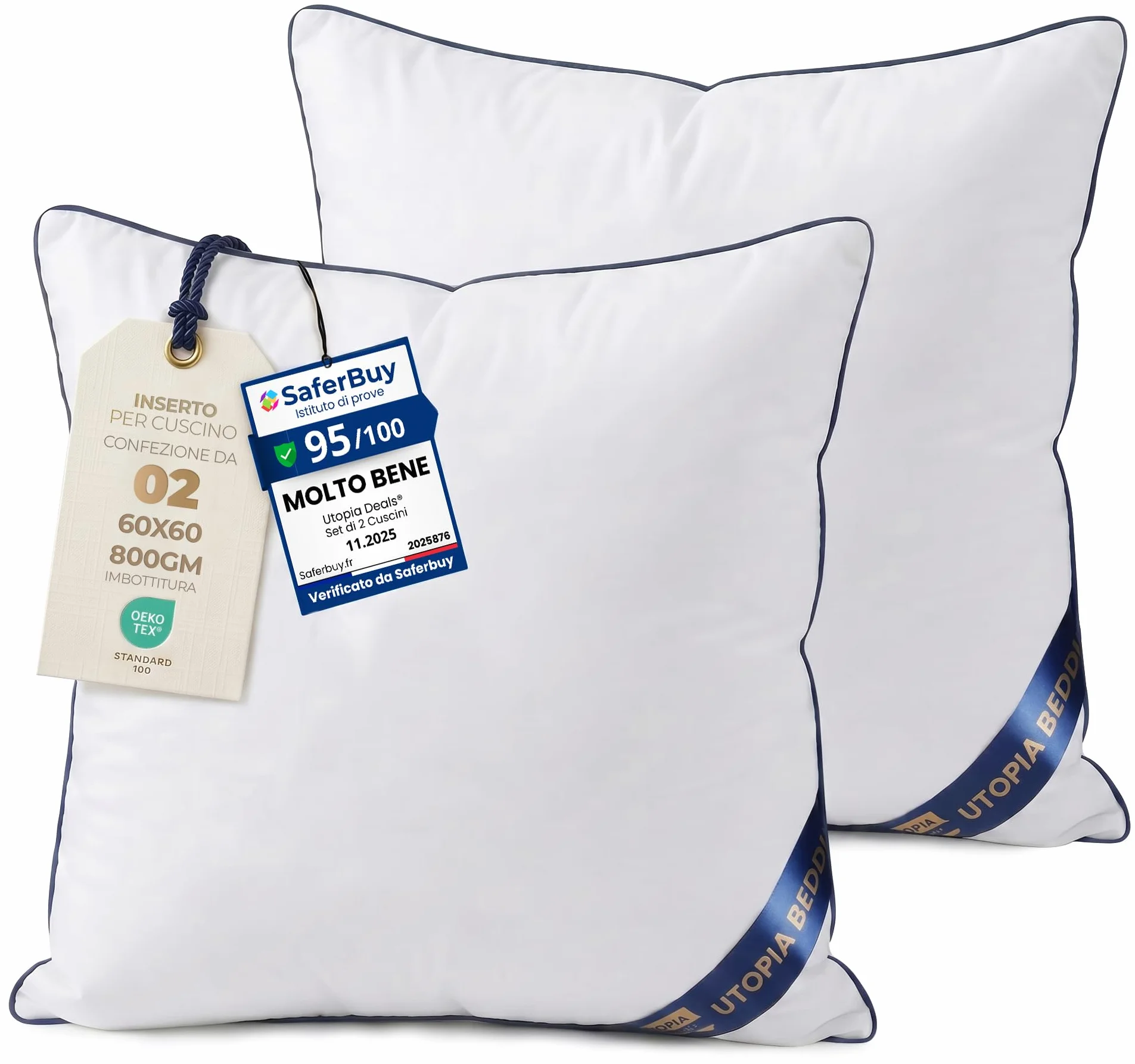 Utopia Bedding Cuscini Decorativi 60x60 cm Bianco, Imbottitura per Letto e Divano, Set da 2