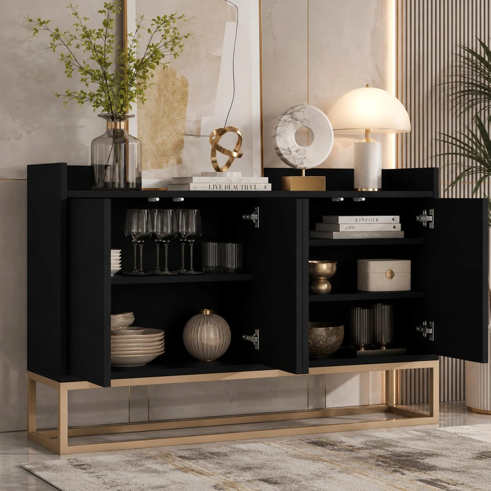 Credenza 120 cm, madie moderne soggiorno con 4 ante, buffet mobile cucina con ripiano regolabile e gambe in metallo, per cucina, soggiorno, sala da pranzo, ingresso (nero, 120 x 30 x 80 cm)