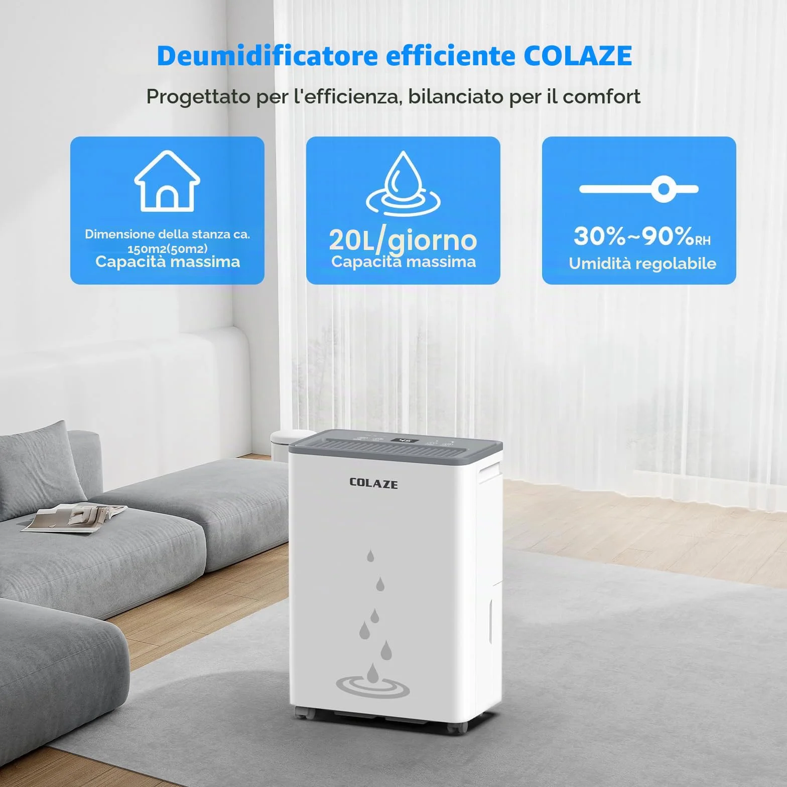 COLAZE Deumidificatore Casa Muffa 20L/24h, Adatto fino a 50㎡, Deumidificatore a Compressore Portatile Silenzioso, Timer 24 ore, Ideale per umidità e condensa