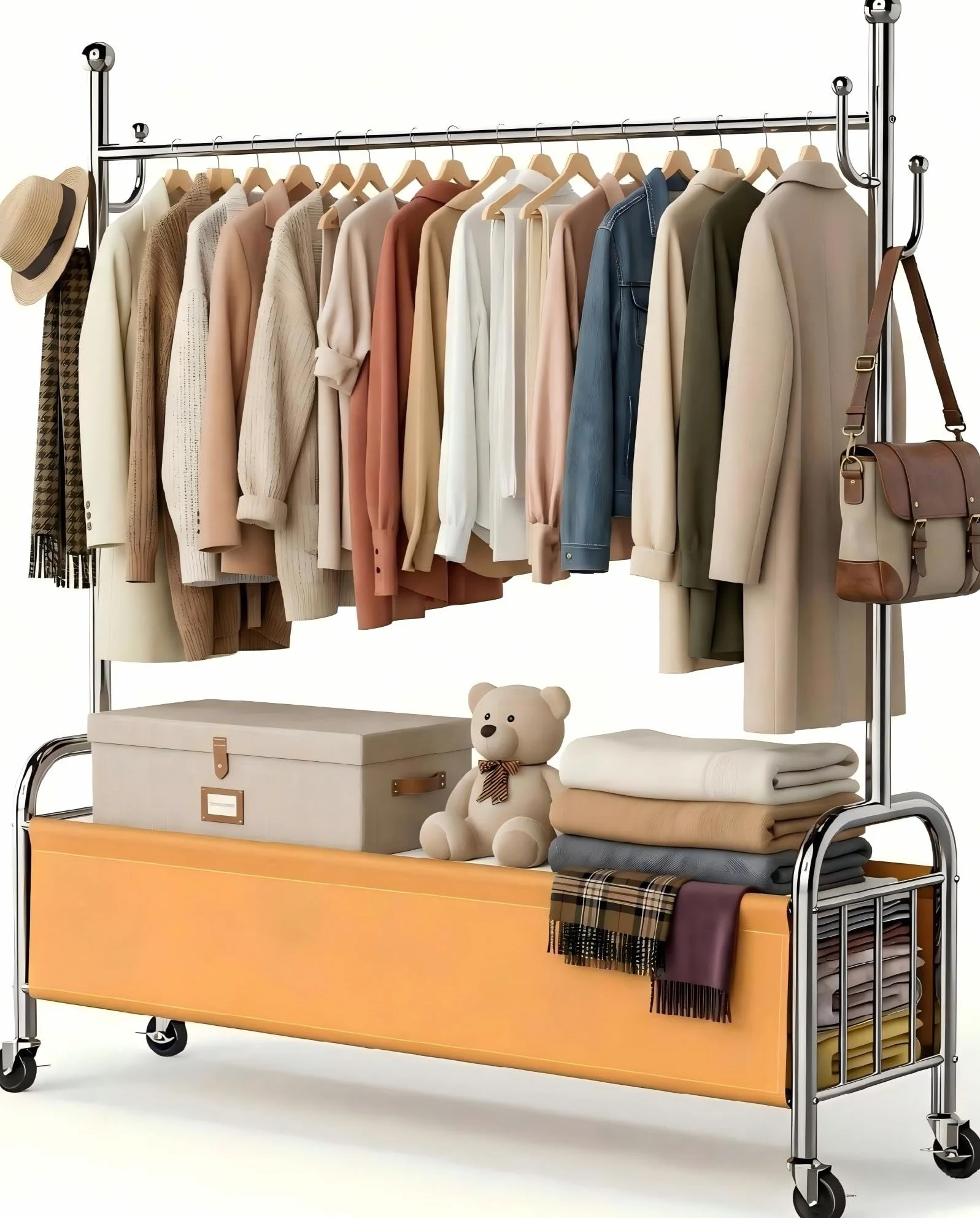Appendiabiti da Terra in Acciaio Inox con Ruote, 3 in 1, Portata 115 kg