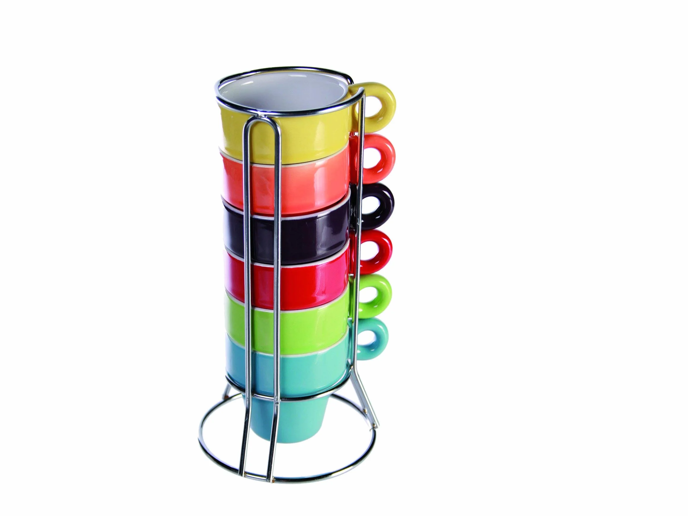 Set di 6 Mini Tazze da Espresso con Supporto in Metallo, Ceramica, 5,5 x 7 cm