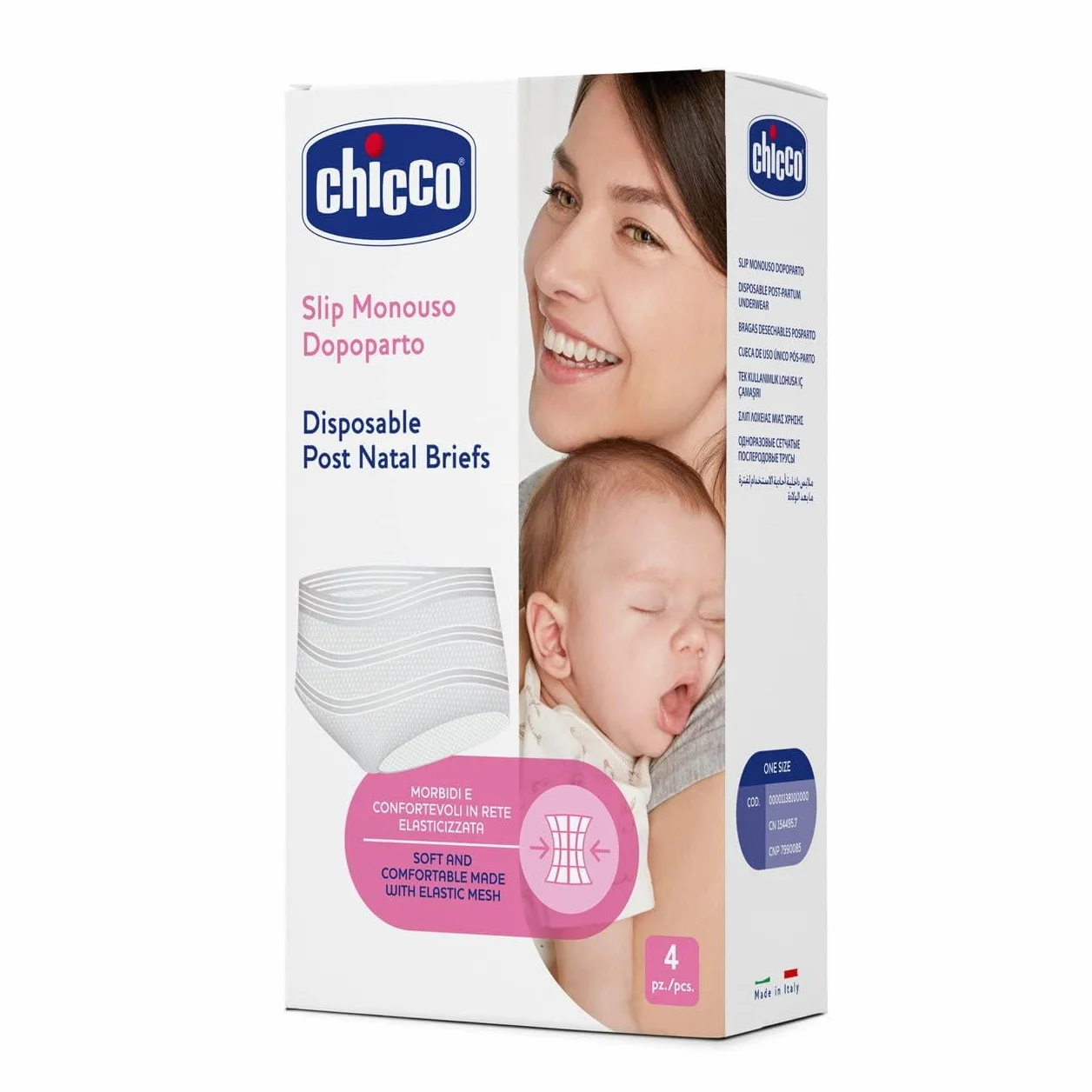 Chicco Slip Monouso Dopo Parto in Rete Elasticizzata, Mutandine Assorbenti Post Parto, Assorbenza Rapida, Biancheria Morbida indicata in Caso di Punti di sutura, Taglia Unica,Confezione da 4 pz