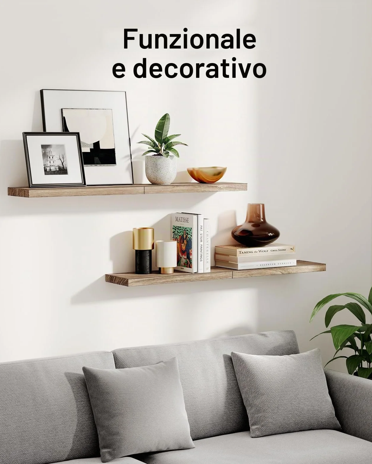 Pipishell Mensola da Muro 40 cm, Mensole in Legno di Paulownia Set da 4, Marrone Chiaro