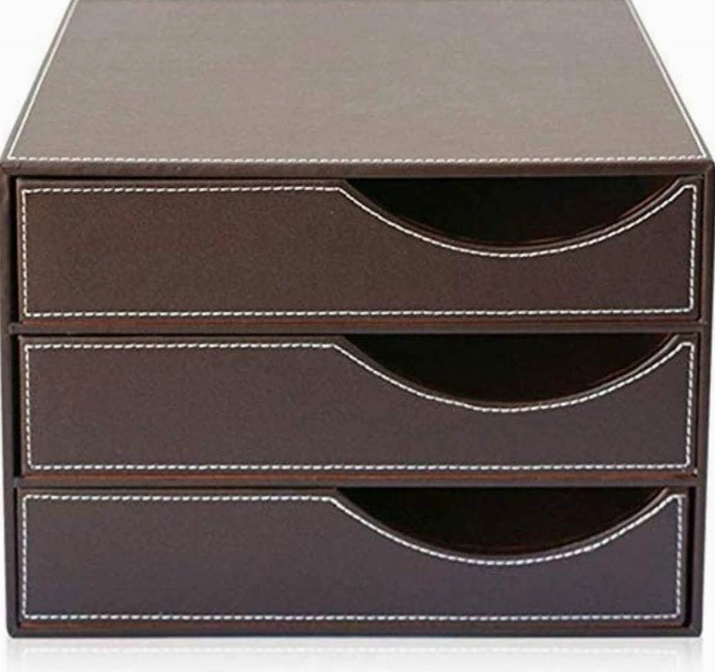 Schedario piatto con 3 cassetti, organizer per documenti da scrivania, con cassetto marrone, libreria