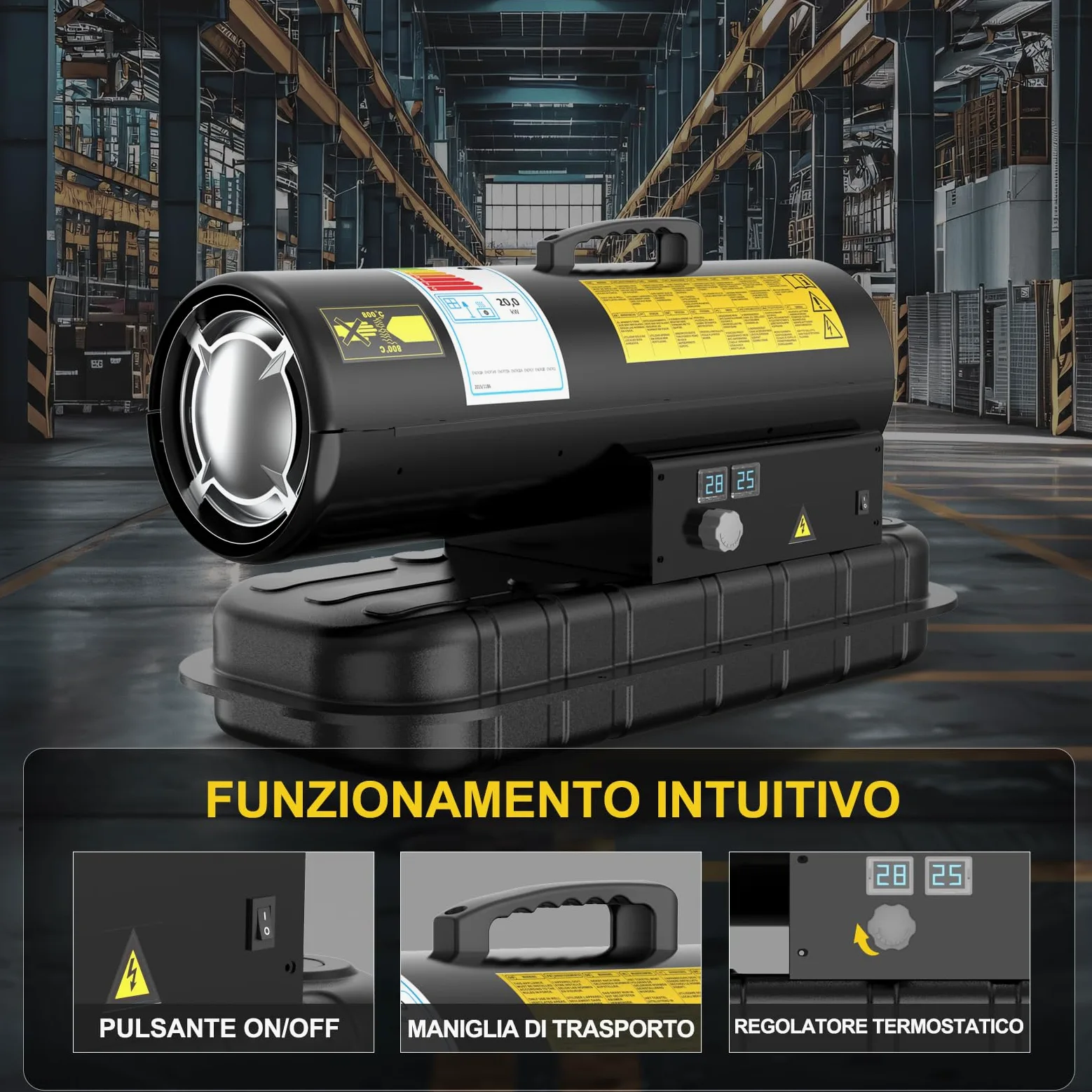Riscaldatore Diesel 20 kW - Termoventilatore Industriale | Portata 550 m³/h - Termostato Regolabile & Indicatore Livello Gasolio - Per Officine, Cantieri, Uso Agricolo