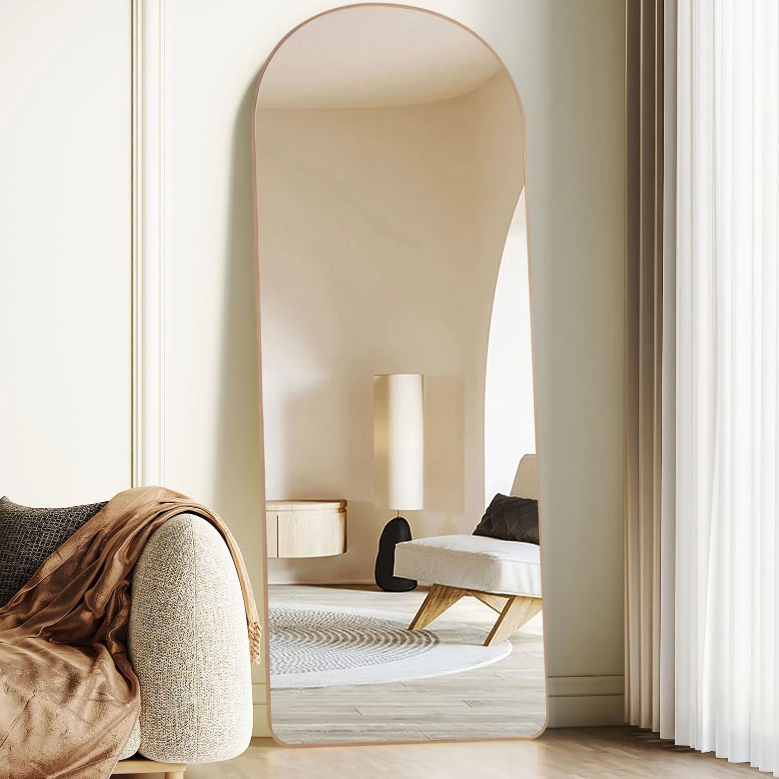 Specchio da Terra ad Arco 160x50 cm, Specchio da Parete con Cornice in Alluminio Dorato, Design Moderno, da Appoggiare o Appendere per Soggiorno, Camera da Letto, Ingresso