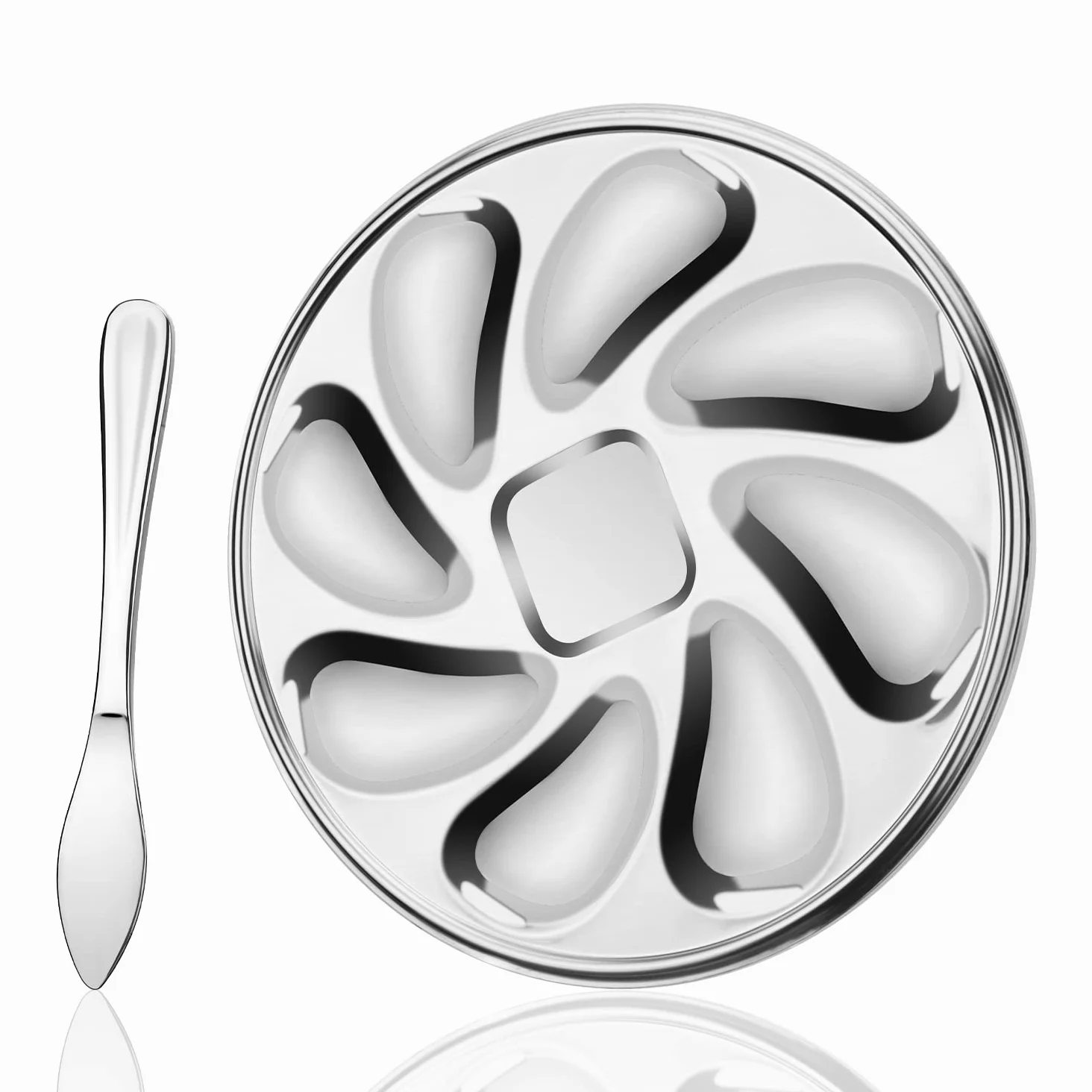 Piatto per Ostriche, Contenitore per Ostriche in Acciaio Inossidabile, con Coltello da Ostriche e 9 Fessure, Vassoio per Ostriche per Posizionare Ostriche, Capesante, Vongole, Salsa di Soia