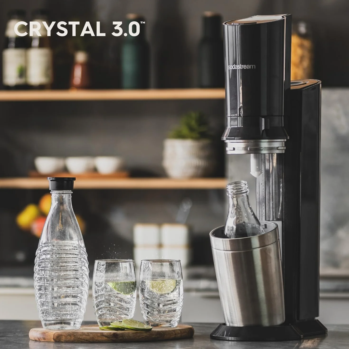 Sodastream Crystal Nero Gasatore acqua frizzante bombola CO2 bottiglia vetro 1L