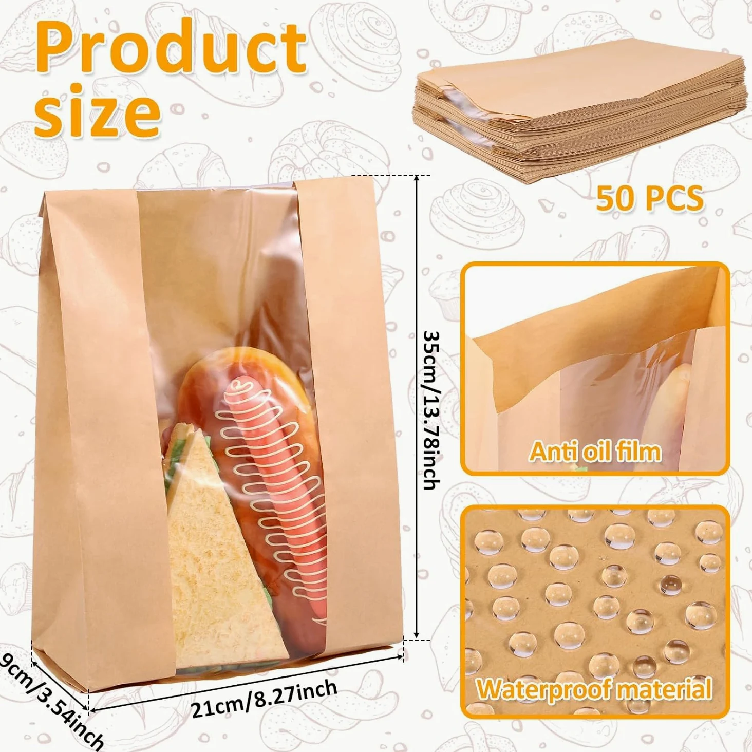 Sacchetti di carta per pane – Confezione da 50 sacchetti per pane fatti in casa con finestra trasparente con etichette adesive adesive per pasticceria sacchetti per biscotti, pane e dolcetti