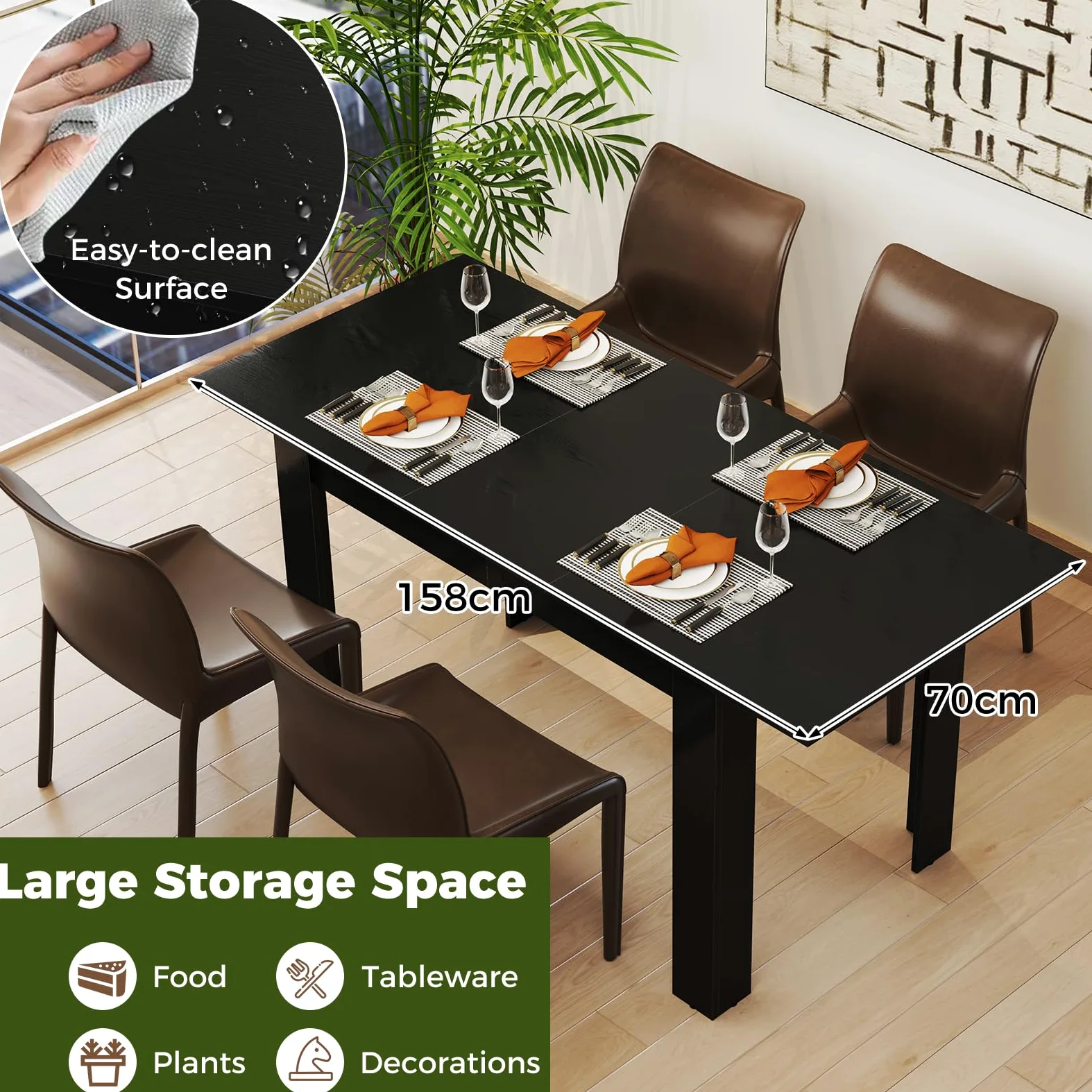 LIFEZEAL Tavolo da Pranzo Allungabile, 158x70cm per 4-8 Persone, Tavolo da Cucina, da Sala da Pranzo, Estensibile, Moderno, in Legno, Ampio Piano, Gambe a Forma di L, Montaggio Facile, Max 110kg, Nero