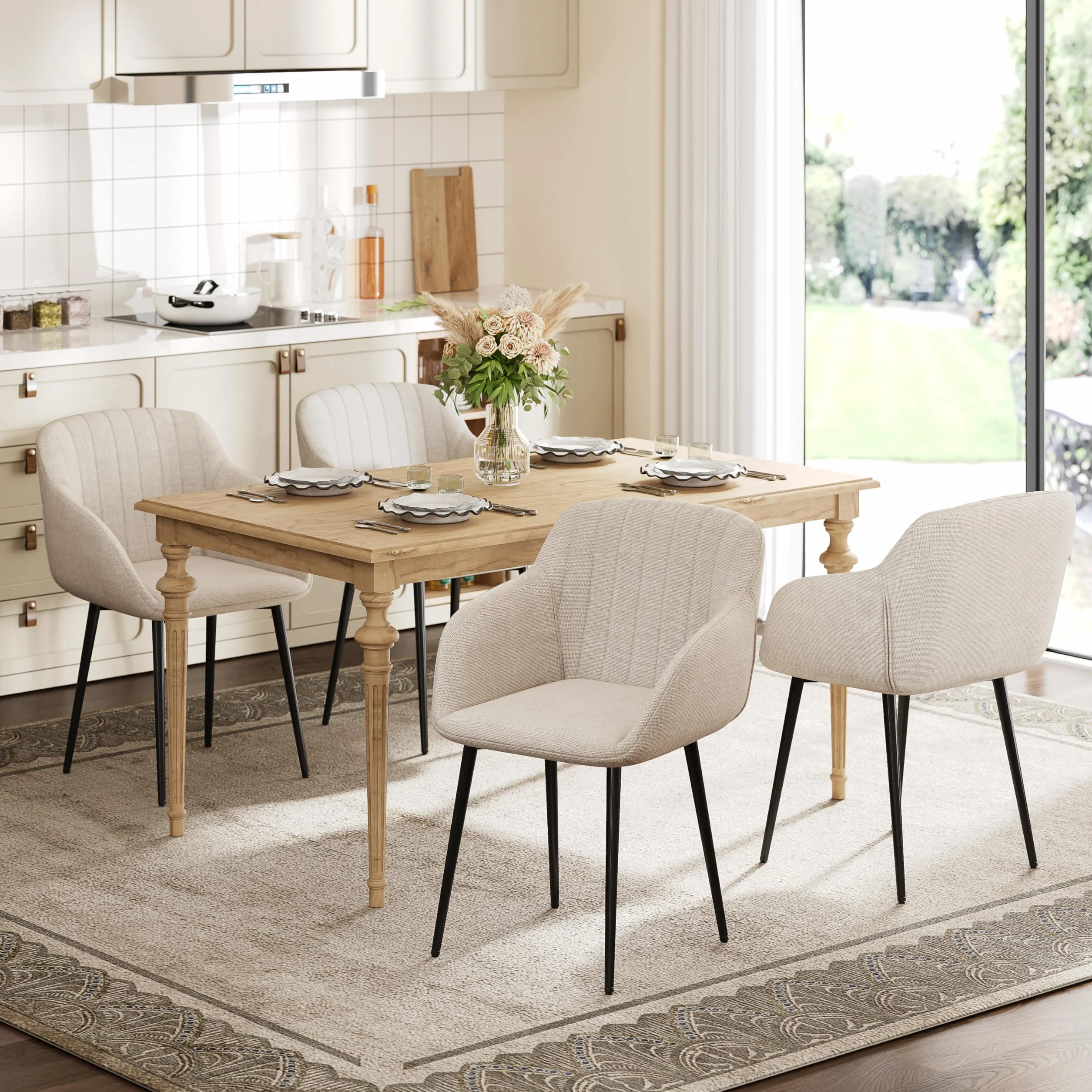 Set 6 Sedie da Pranzo Beige Imbottite con Braccioli, Poliestere, Gambe in Metallo – Cucina e Sala Moderna