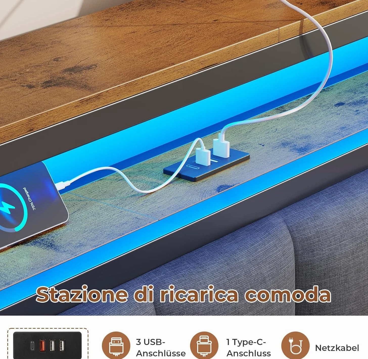 AOGLLATI Letto Matrimoniale, Letto 160x200 cm con Illuminazione a LED e Stazione di Ricarica, Struttura Letto con Testiera Imbottita, Effetto Visivo Levitante, Stile Minimalista, Grigio Scuro