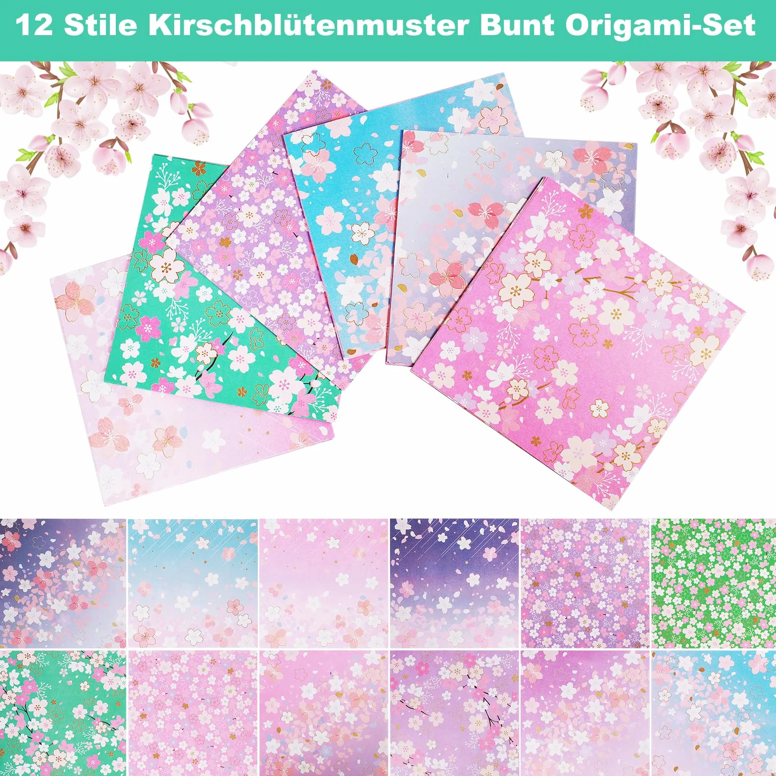 Carta Origami Bifacciale 15x15cm 96 Fogli Fiori di Ciliegio 12 Stili