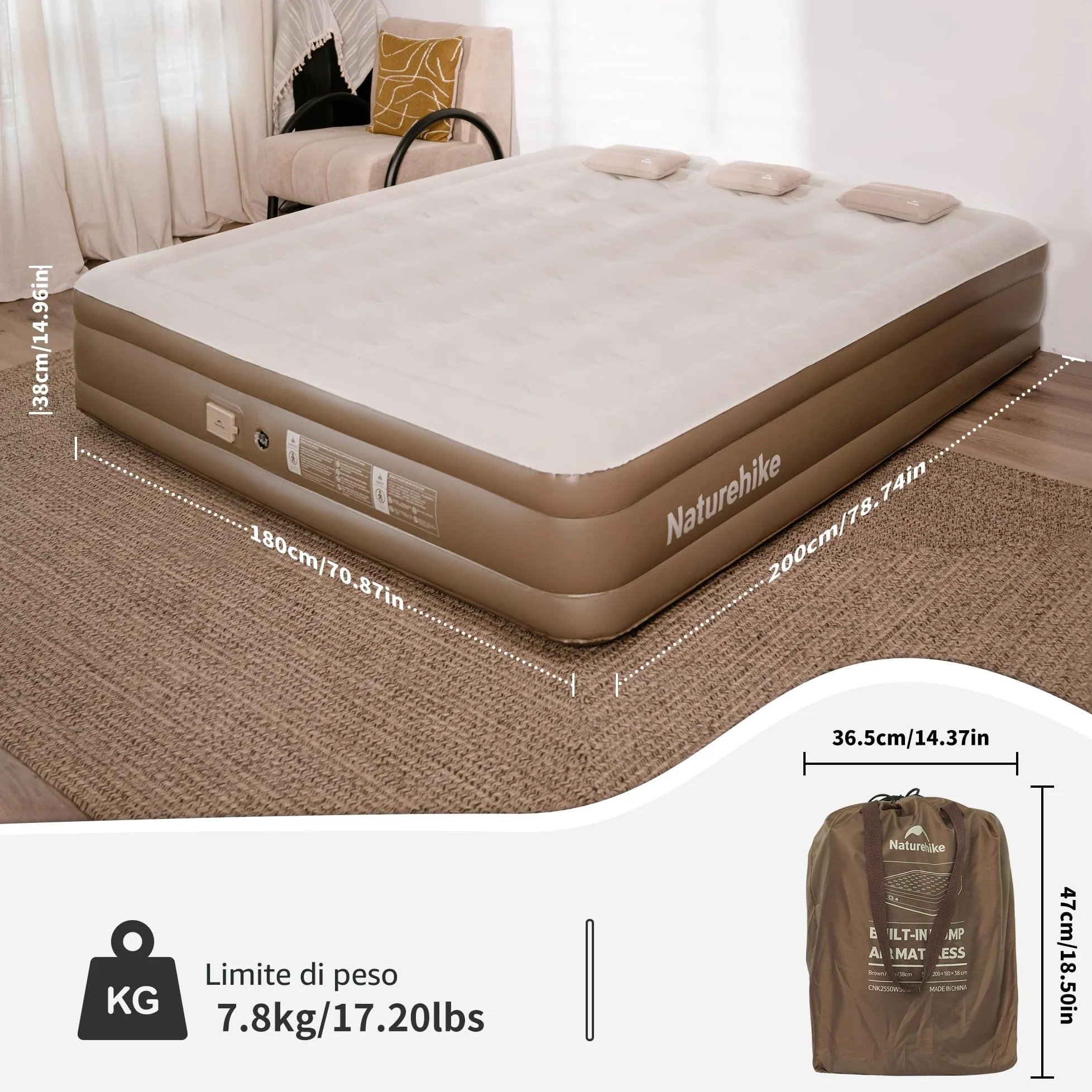 Naturehike Materasso Gonfiabile Triplo con Pompa Integrata Ricaricabile - 200x180x38cm Letto Gonfiabile Autogonfiante per Campeggio e Casa - Materassino Campeggio Portatile e Resistente fino a 450 kg