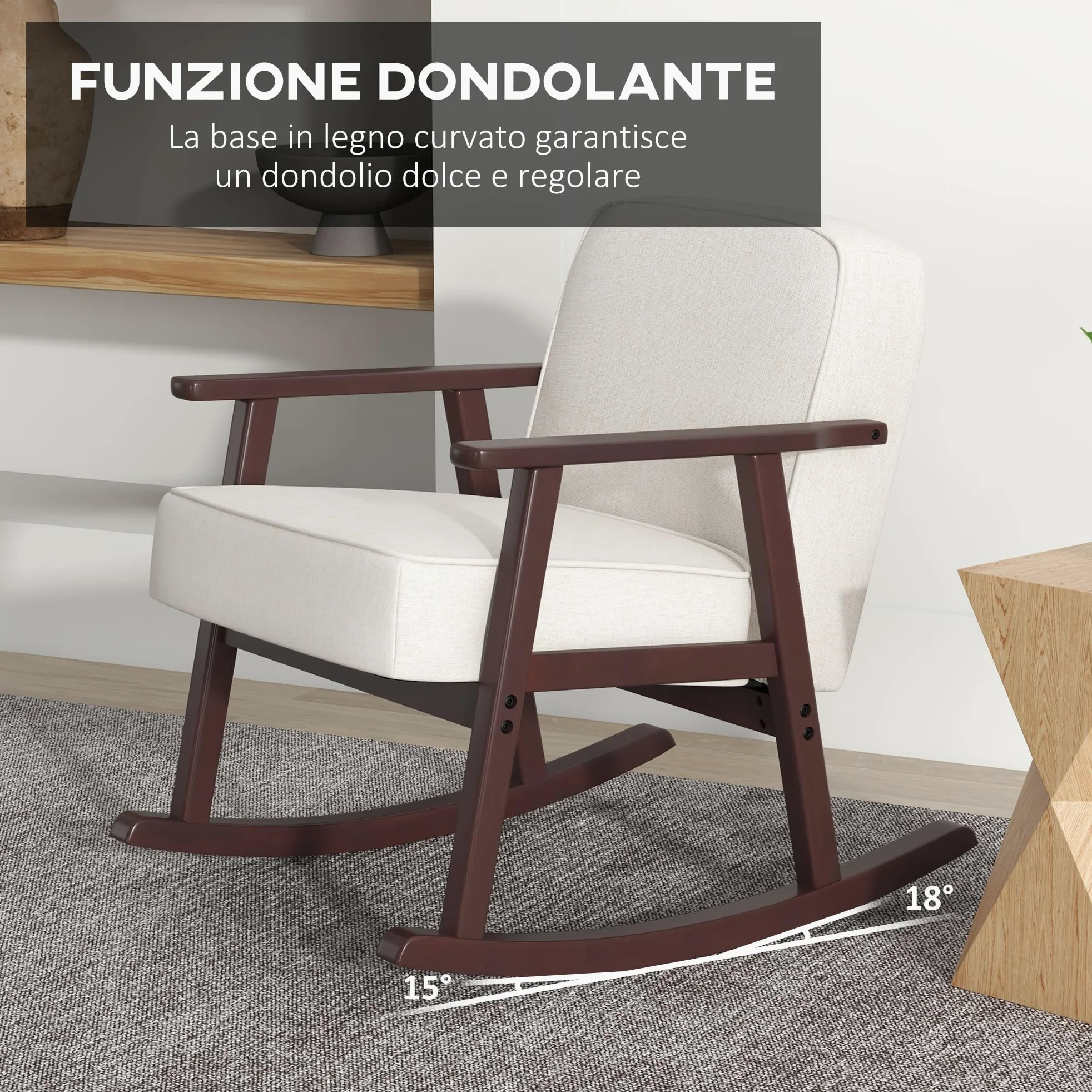 HOMCOM Poltrona a Dondolo per Interni in Tessuto Effetto Lino e Legno con Braccioli e Cuscini, 66x78x76 cm, Beige e Marrone