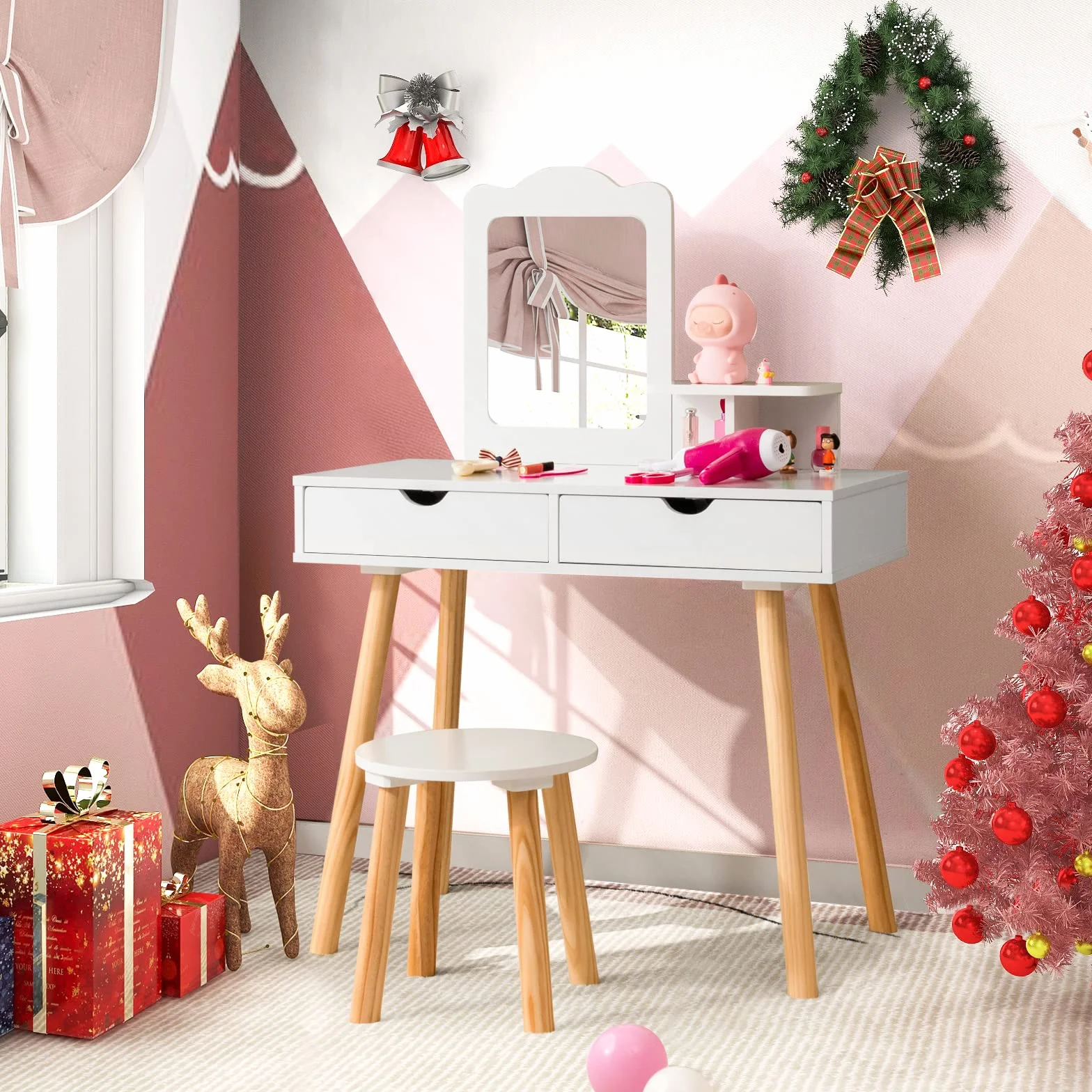 RELAX4LIFE 2 in 1 Toeletta Trucco Bambina con Sgabello, Specchio Staccabile, Set da Trucco con 2 Cassetti, Postazione Trucco per Bambini, 70 x 37 x 100 cm (Bianco)