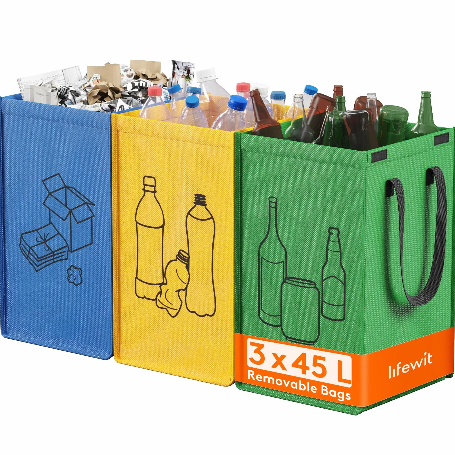 Lifewit Set di 3 Borse Raccolta Differenziata 45 L, Bidoni Differenziata Interno in 3 Colori, Raccolta Differenziata Esterno per Carta, Plastica, Vetro e Bottiglie