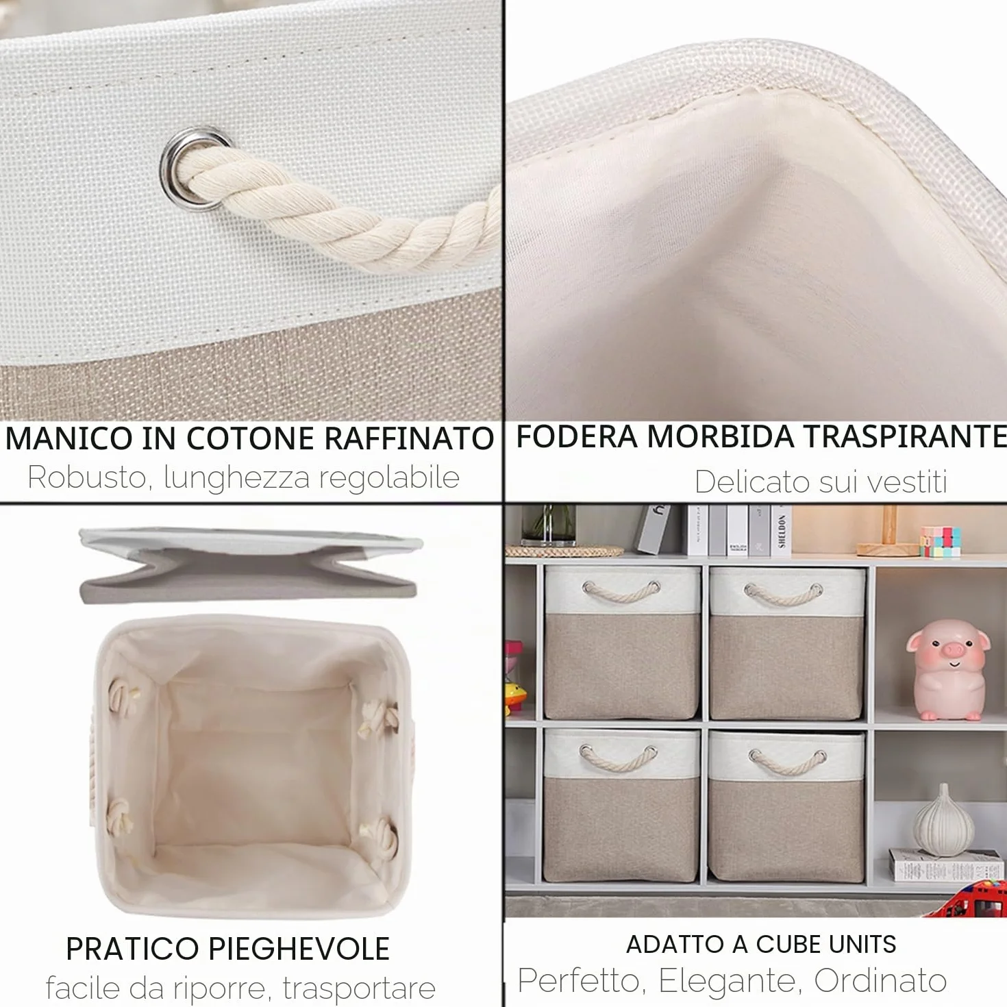 Mangata Set di 4 Scatole per Armadio Cesto Portaoggetti Tessuto 25 x 25 x 25 cm Pieghevole Bianco Kaki Chiaro