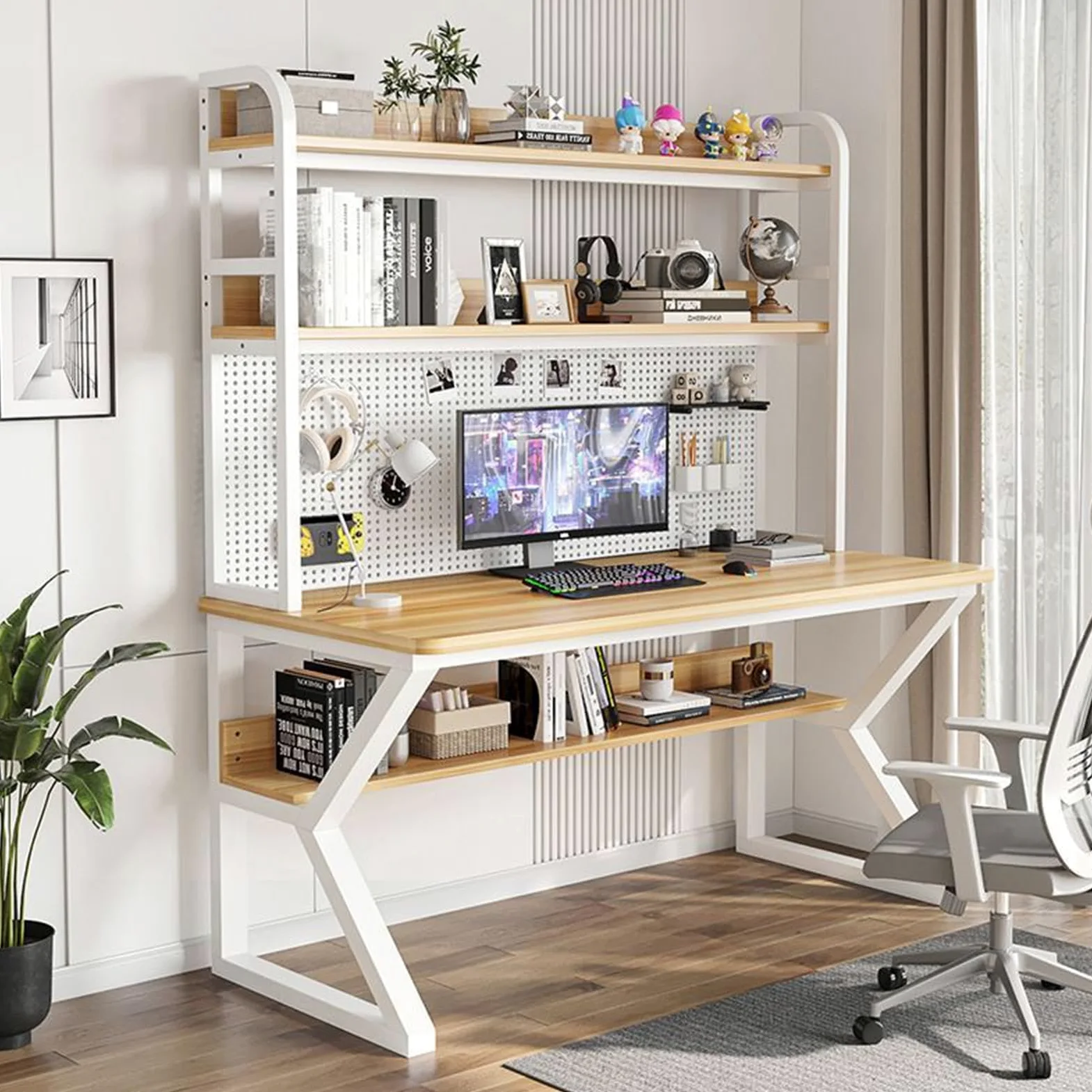 Scrivania Gaming, Scrivania con Libreria, Scrivania da Gioco con Portaoggetti, Scrivania Grande, Scrivania for La Casa con Combinazione di Libreria Integrata, Ideale for Spazio di Lavoro e Studio