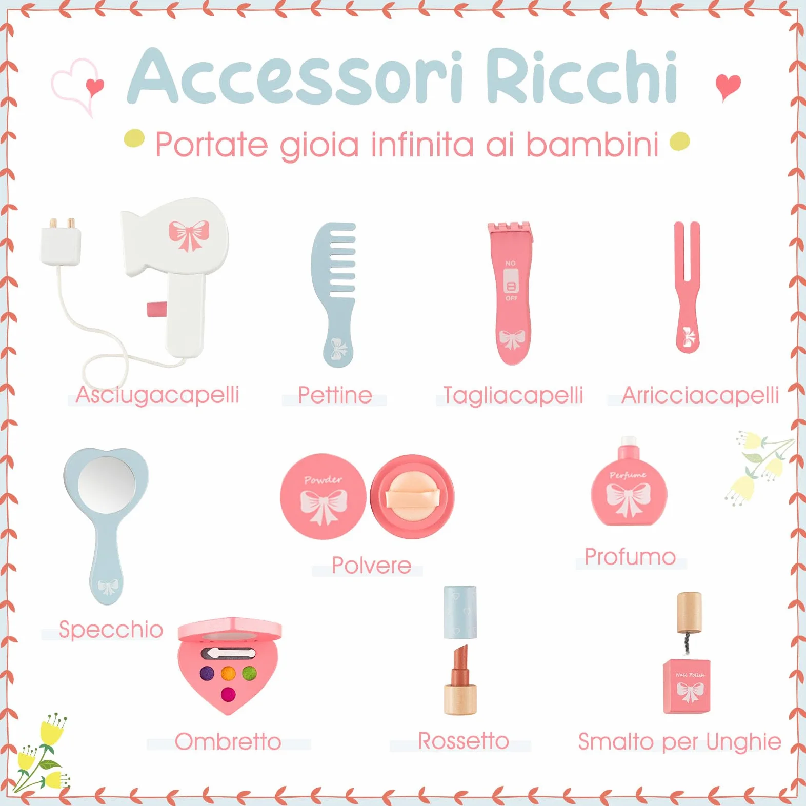 COSTWAY Toeletta Trucco 2 in 1 per Bambina, Specchiera Staccabile per Ragazza in Legno con Sgabello, Cassetto, Ripiani e Giocattoli, Postazione Trucco per 3 Anni, 50 x 34 x 93 cm, Bianco