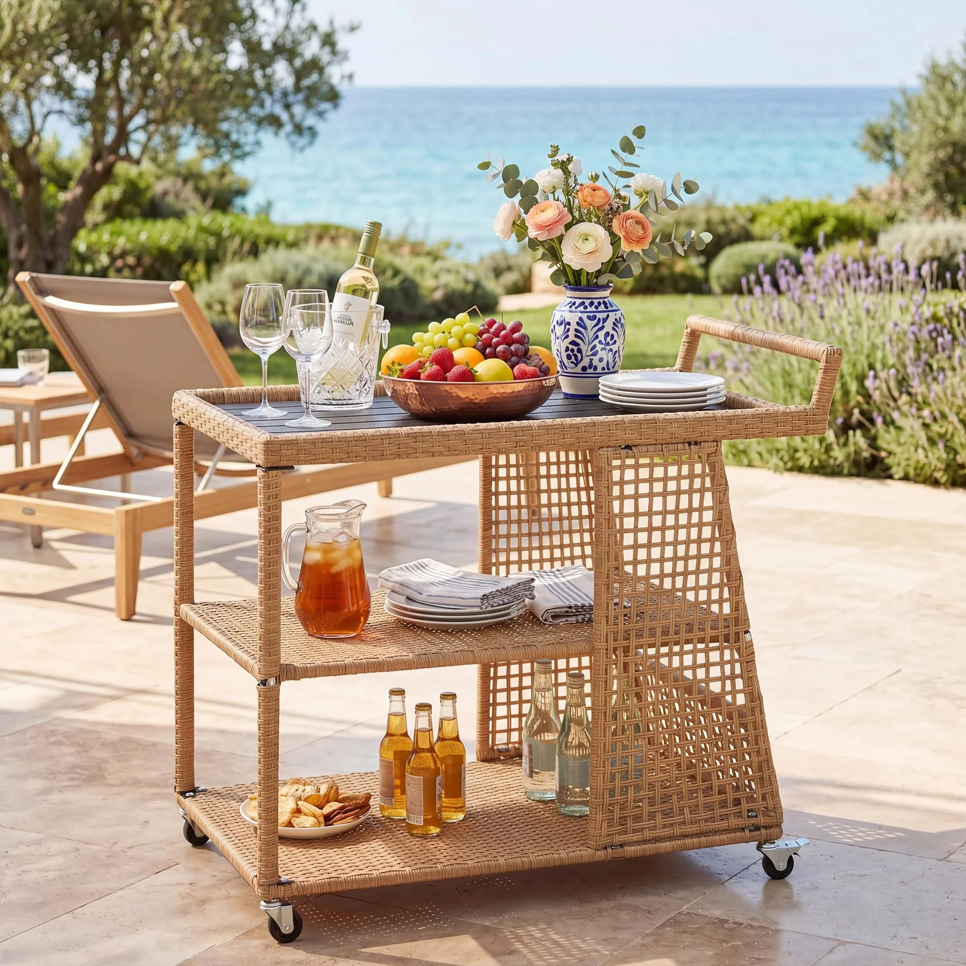 SOARS Carrello Bar in Rattan, Carrello Portavivande con 3 Ripiani Aperti e 4 Ruote, Maniglia Ergonomica, Moderno Carrellino Servizio Esterno Interno per Giardino, Terrazzo, Cucina, 98 X 54 X 92 CM