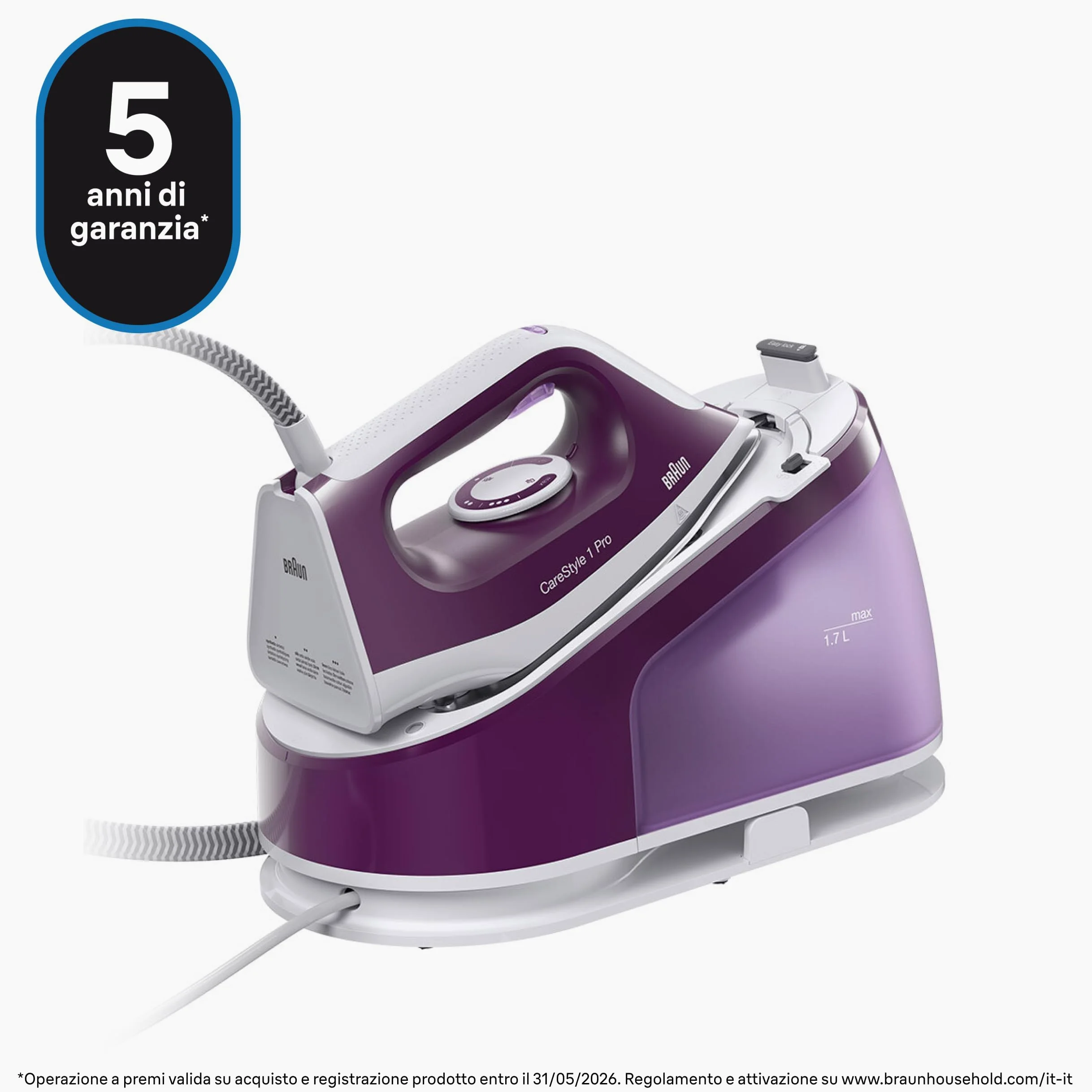 Braun CareStyle 1 Pro – Sistema Stirante a Vapore con Caldaia, Ferro da Stiro con Potente Getto Vapore, Piastra FreeGlide 3D, Serbatoio 1,7 L, Stiratura Veloce ed Efficiente, Viola (IS1514VI)