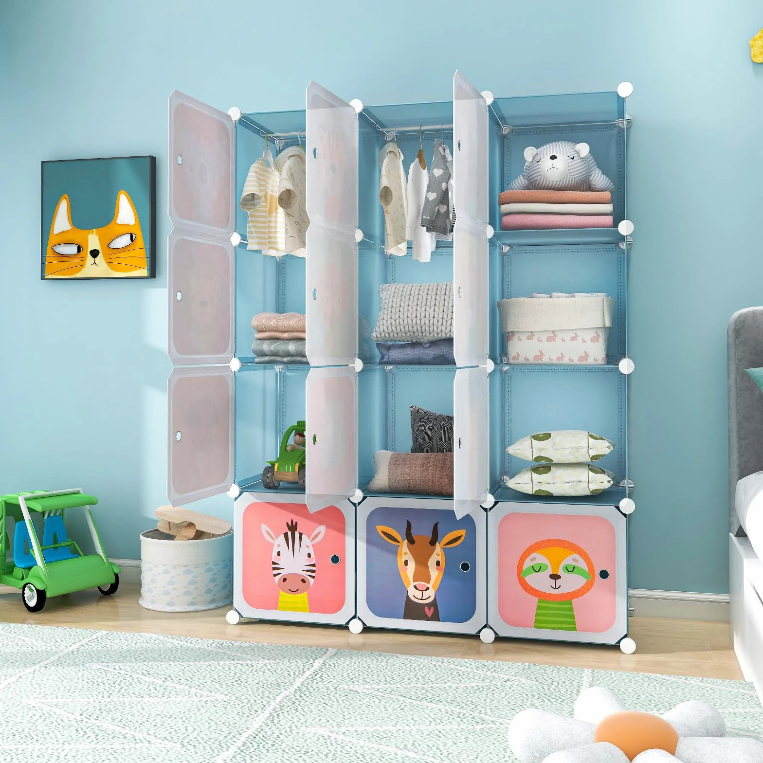 RELAX4LIFE Armadio Modulare a 8/12 Cubi per Bambini con 2 Barre Appendiabiti, 8/12 Ante, Mobile Salvaspazio per Cameretta e Asilo Nido, Portata di Ogni Cubo 10 KG (Animale-12 Cubi,Blu)