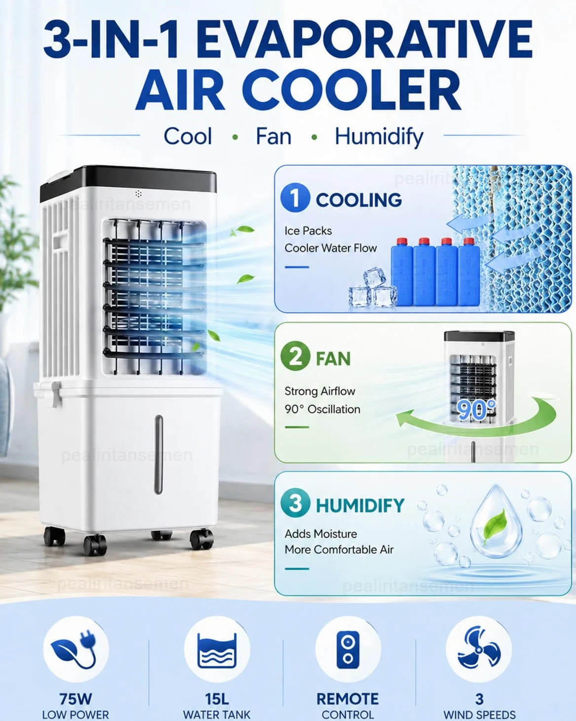 Climatizzatore Senza Tubo, Raffrescatore Evaporativo Portatile con Serbatoio 15L, Telecomando, Pannello Touch, 4 Panetti Refrigeranti, Ampia Oscillazione per Casa E Camera