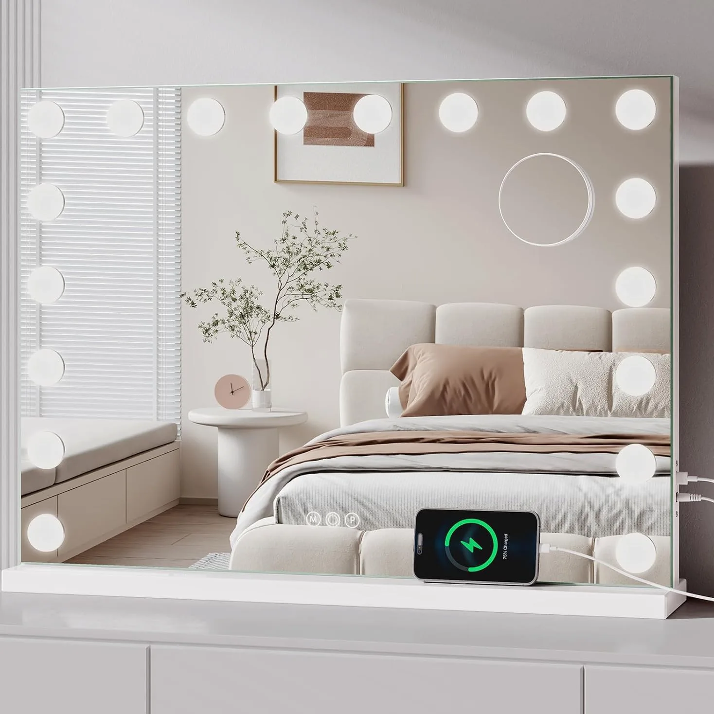 80x60cm Specchio da Trucco Hollywood con Luci a 18 Led Montato a Parete o sul Tavolo, 3 Colori di Luce e Funzione di Luminosità Regolabile