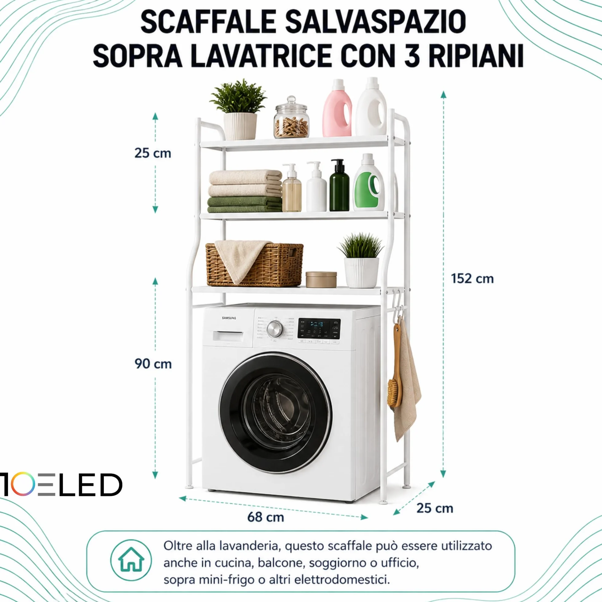 Stabile Mobile Lavatrice Salvaspazio 3 Ripiani Scaffale Organizer Bagno Lavanderia Acciaio con Ganci Laterali Piedini Regolabili