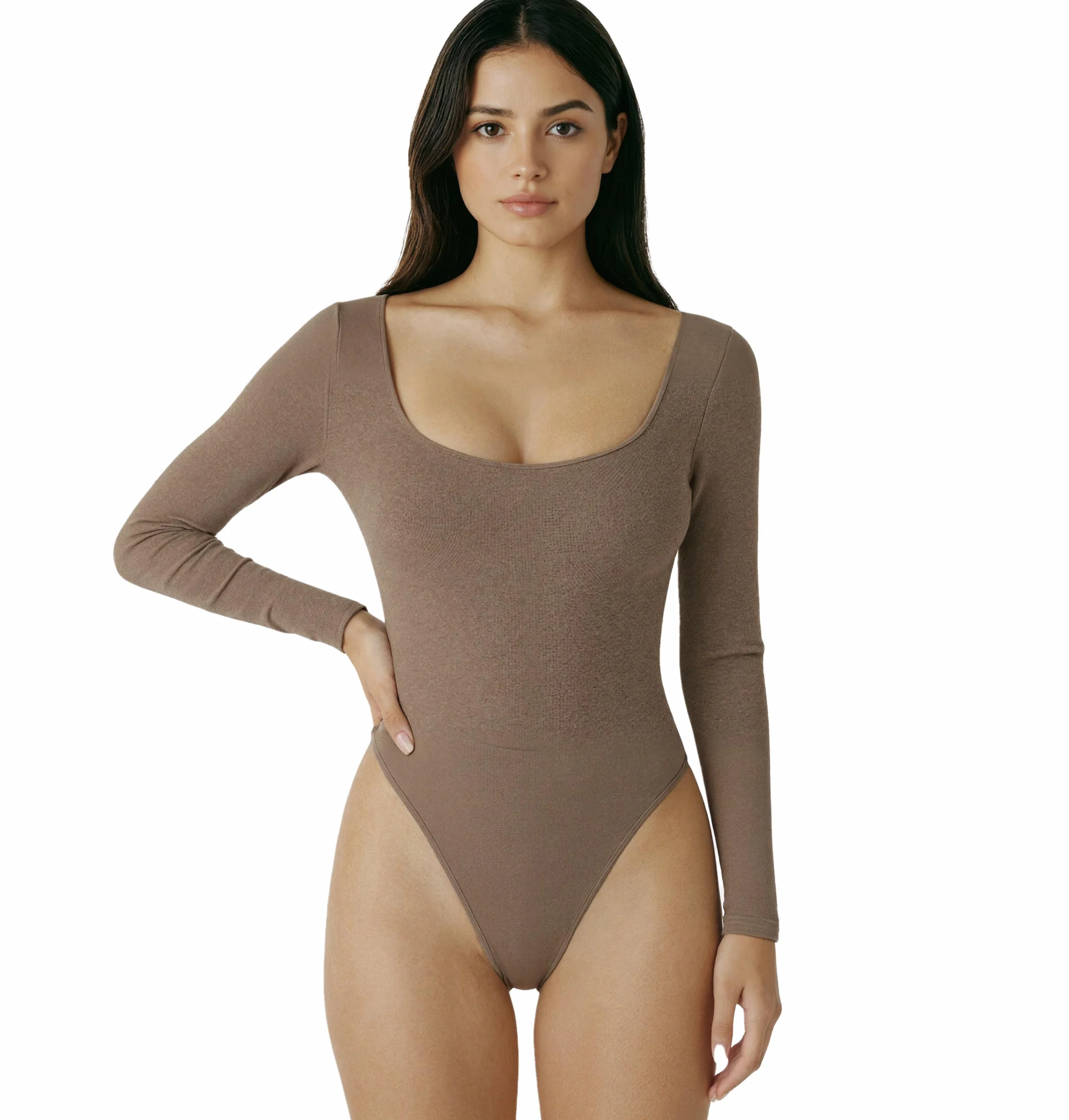 Body Donna in Cotone Maniche Lunghe Scollo Profondo Tinta Unita Aderente Elegante Sexy Elasticizzato