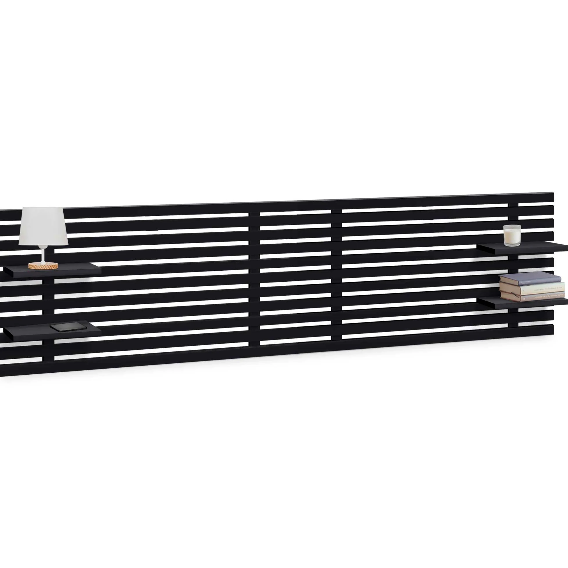 DHOME Testiera con Mensole in Legno Riciclato DM da Appendere alla Parete Stile Pallet Letto Vintage Nordico Supporti Inclusi (Stile Giapponese, Nero Solido, 270cm)