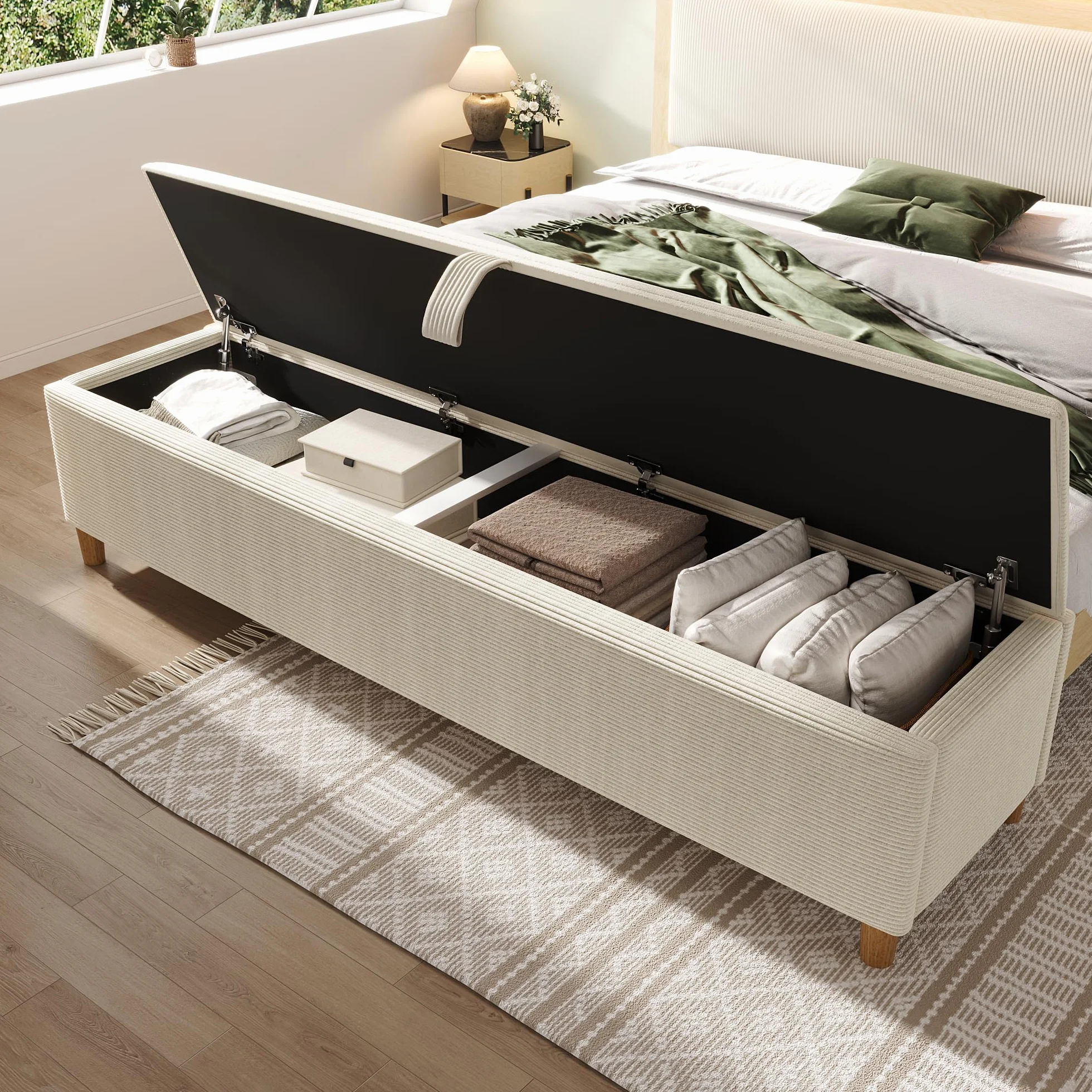 TIZZ Panca da letto 165 x 38 cm con spazio di archiviazione, panca imbottita con vano portaoggetti idraulico, adatta per camera da letto, soggiorno, corridoio, effetto cord beige