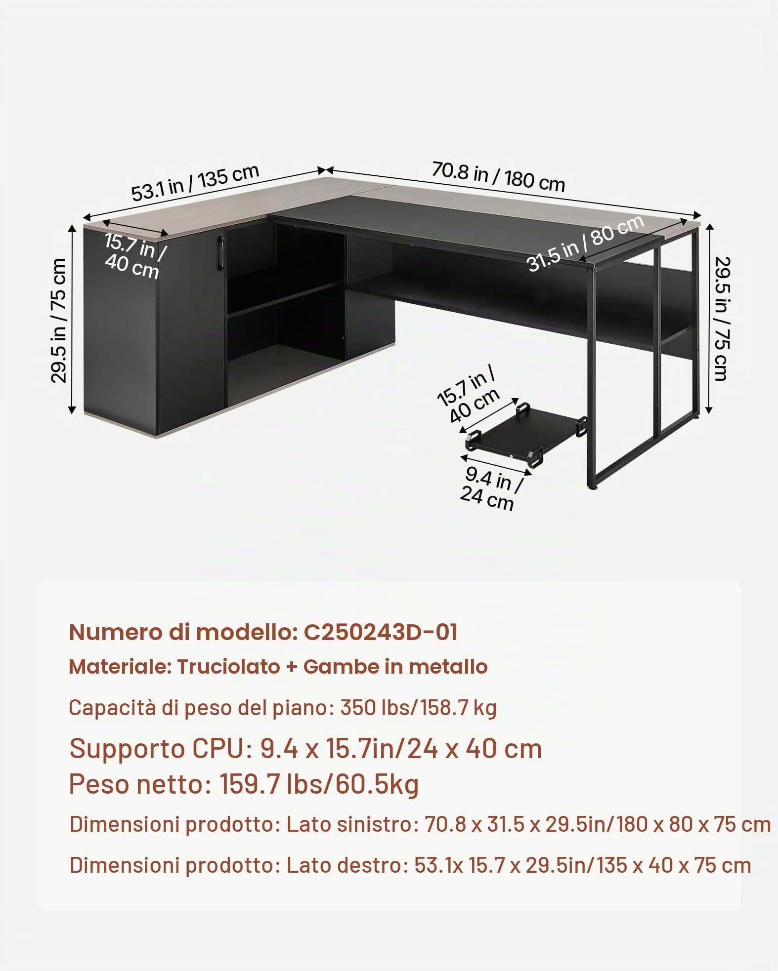 VEVOR Scrivania Direzionale a L, Ampia Scrivania in Legno Moderna per Ufficio con Cassetti, Mobiletto Portaoggetti e Supporto per CPU, Capacità di Carico di 158,7 kg, per Computer per Lavoro, Studio