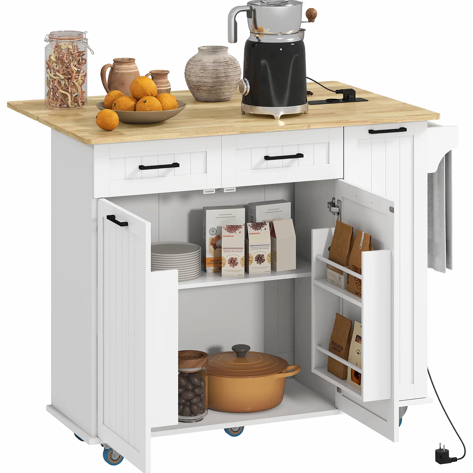 HOMCOM Isola Cucina con Ruote, Carrello Cucina con Stazione di Ricarica, Piano a Ribalta in Legno, Ripiani Regolabili, 2 Cassetti, Armadietto Estraibile, Portaspezie a Porta, Portasciugamani, Bianco
