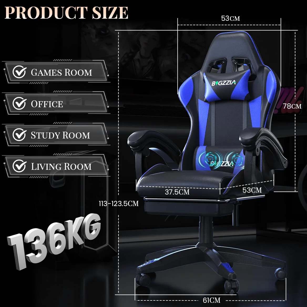 bigzzia Sedia Gaming, Sedie Ergonomica con Poggiapiedi per Videogiochi, Sedia da Gaming con Cuscino Lombare Massaggiante e Poggiatesta per Giocare, Studiare e Lavorare in Ufficio (Blu)