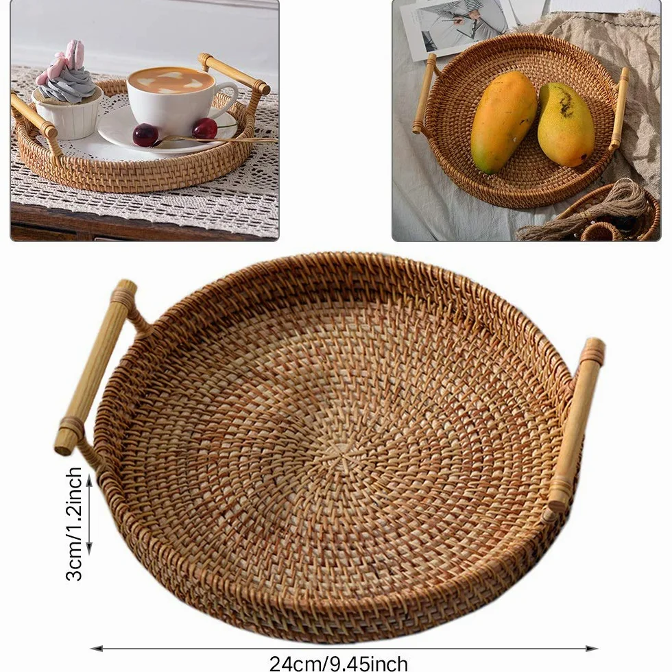 Rattan Handwoven Round High Wall Severing Tray Food Storage Platters Plate Over Handles for Breakfast Drink Snack for Coffee Tea