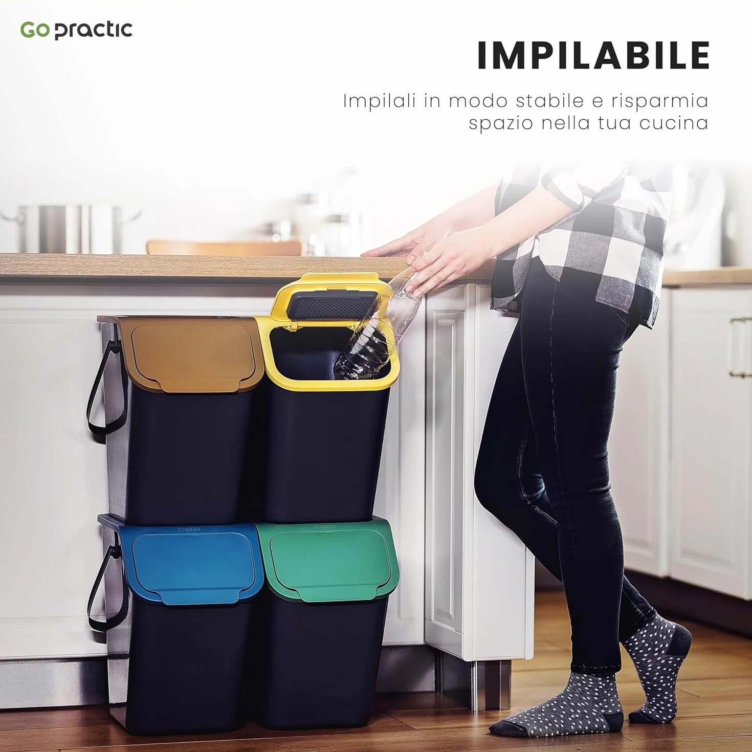 Pattumiera da Cucina, Raccolta Differenziata Cucina, Set da 4 pezzi: 3x 25L + 1x 4,5L, Secchiello Domestico,Cestino Per Rifiuti, Secchio per Immondizia, Casa Contenitori