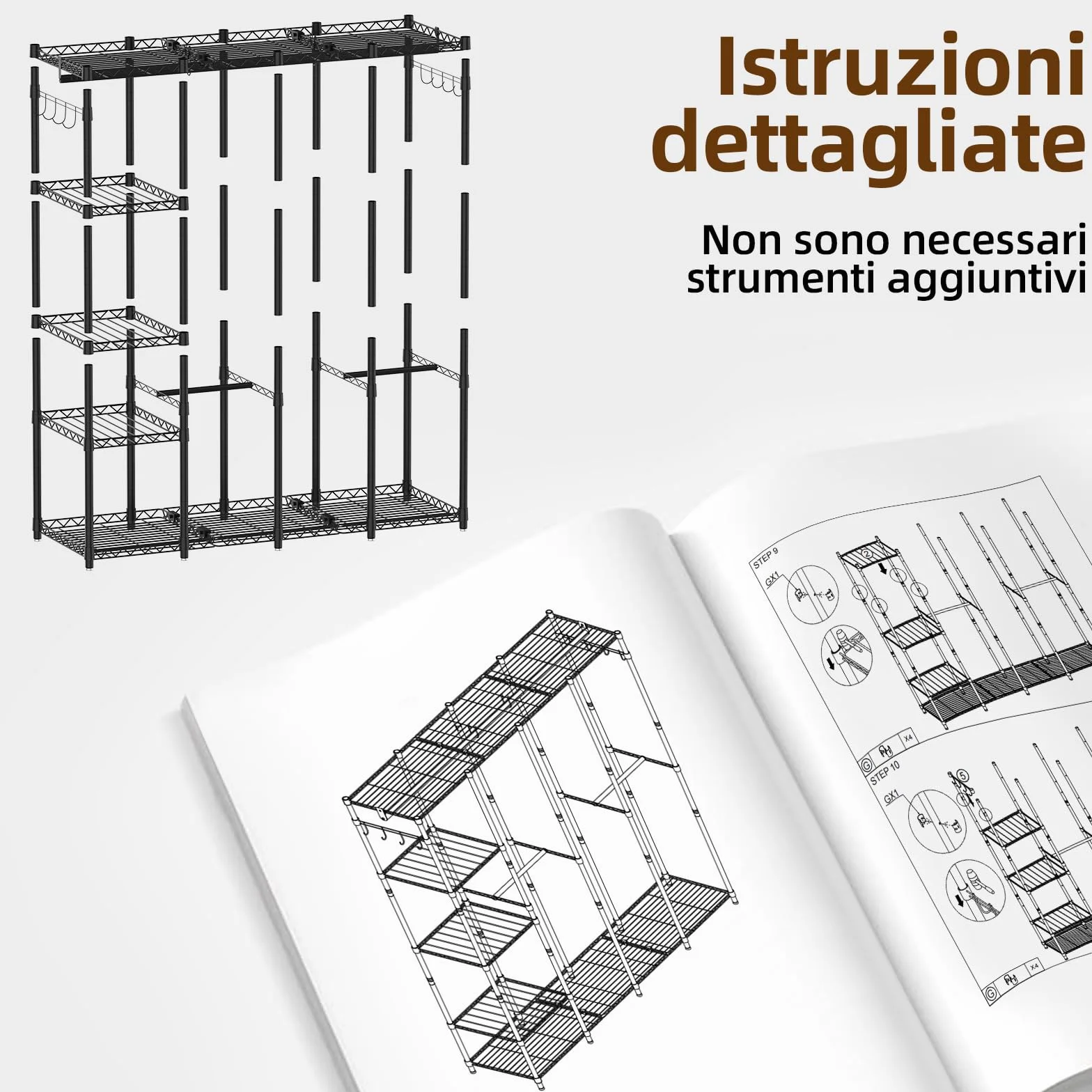 AQRA Stand Appendiabiti in Metallo, Altezza Del Ripiano Regolabile, Grande Capacità Guardaroba, 4 Metodi di Assemblaggio, per Appendere i Vestiti, Riporre i Vestiti, 193,5W×43,5D×195H (Nero)