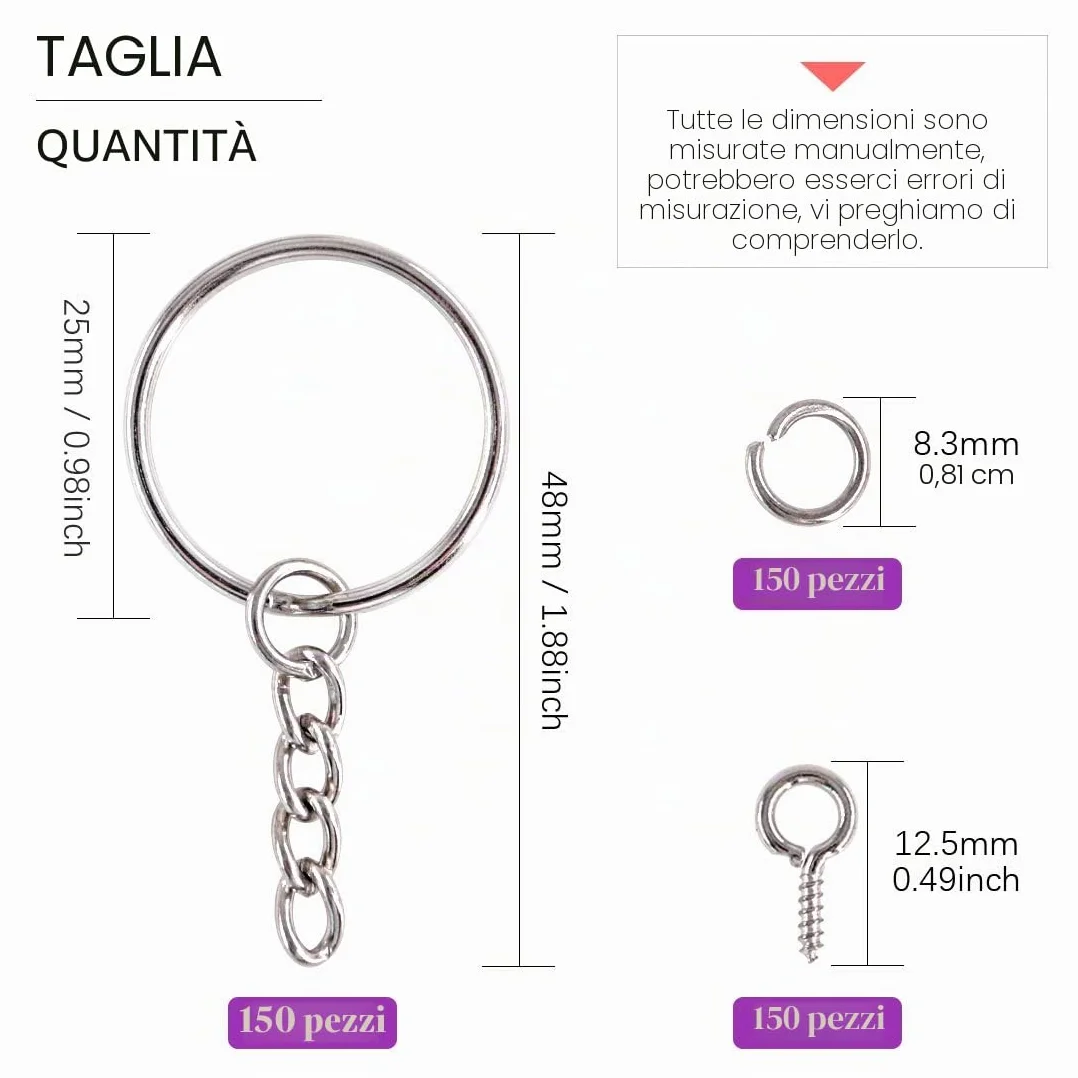 Swpeet, kit di anelli portachiavi argentati da 25 mm, confezione da 450 pezzi, include 150 anelli portachiavi con catena e 150 anelli di salto con 150
