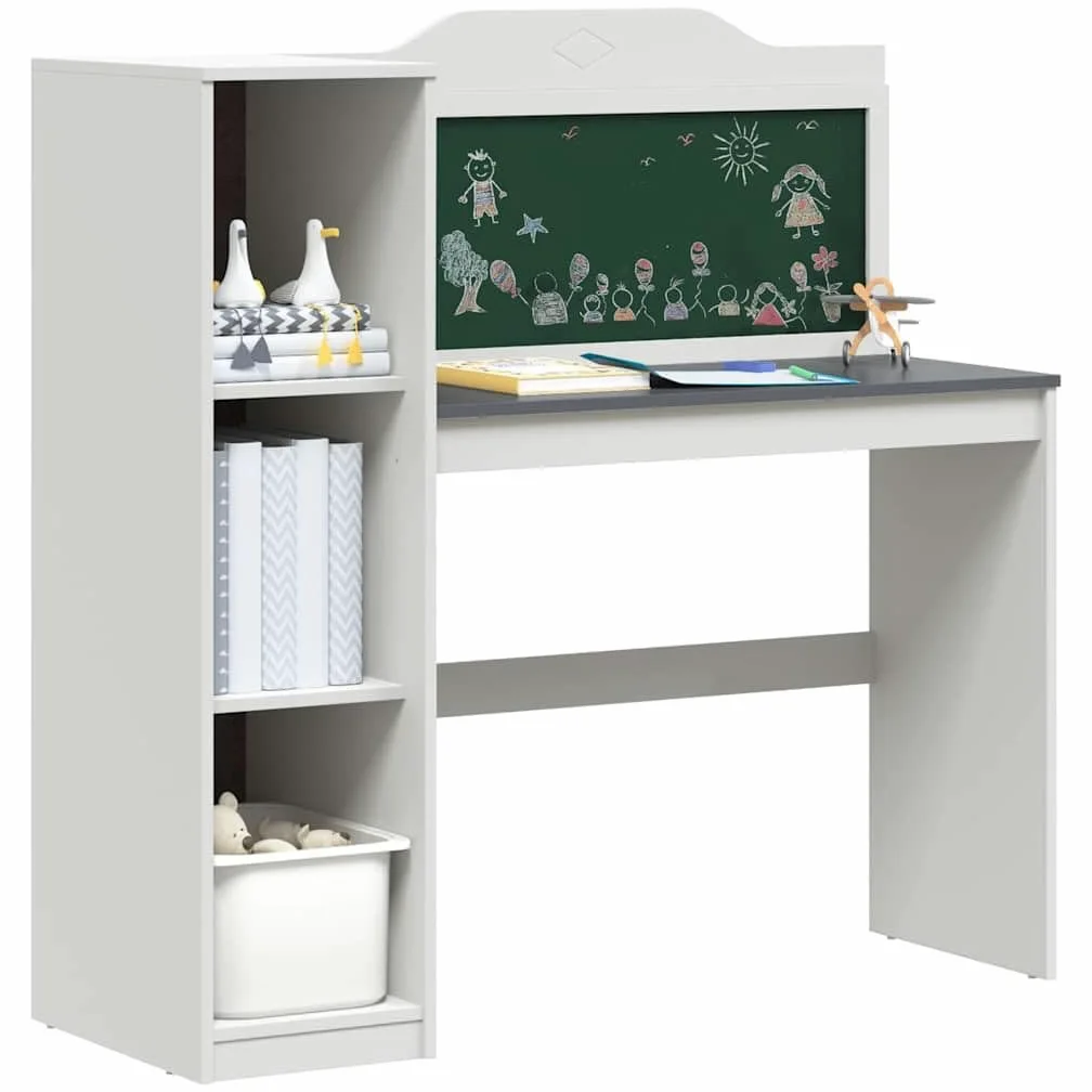 Scrivania moderna con lavagnetta e ripiano aperto, scrivania con lavagna da 120 cm e gambe quadrate, bianco con e ripiano