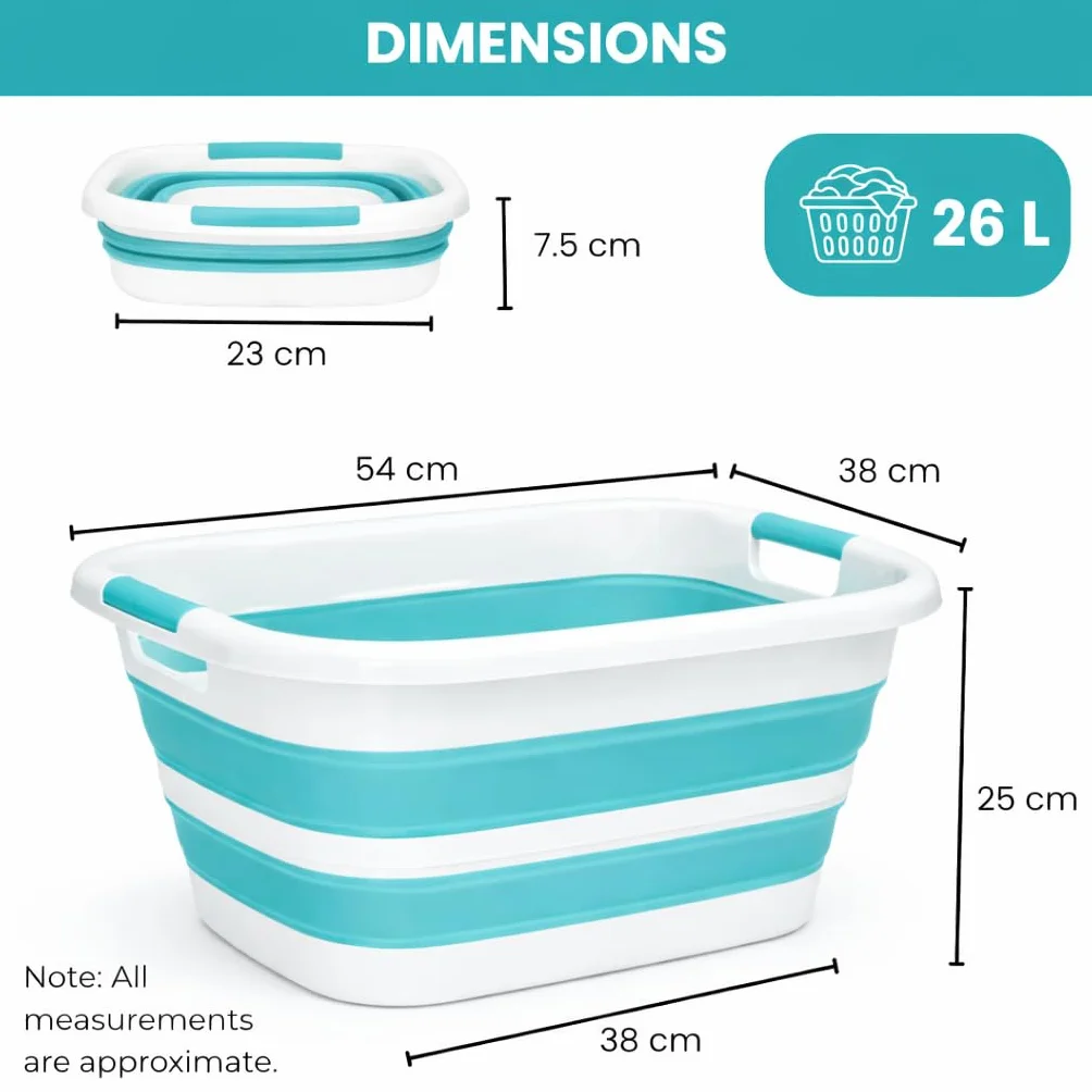Edihome, Bacinella Pieghevole 26 L – Bacinella Bucato e Organizer Lavanderia Compatta – Cesto Portabiancheria Salvaspazio per Casa e Lavanderia (Turchese)