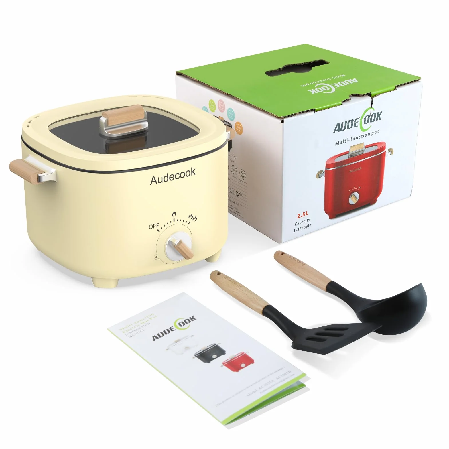 Audecook Mini Hot Pot Elettrica 2.5L Antiaderente Pentola Elettrica 1-3 Persone Beige