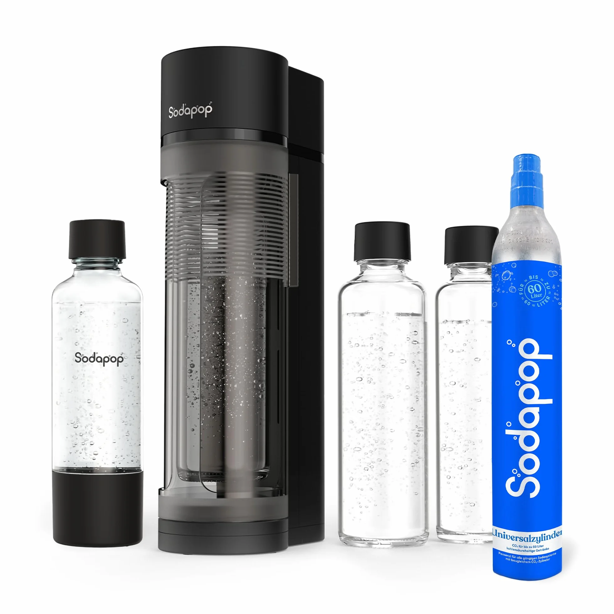 Sodapop Aeratore Logan Starter Set con cilindro CO₂, con 2 bottiglie di vetro (850 & 600 ml) e 1 bottiglia in PET (850 ml), colore nero opaco, altezza 42,6 cm
